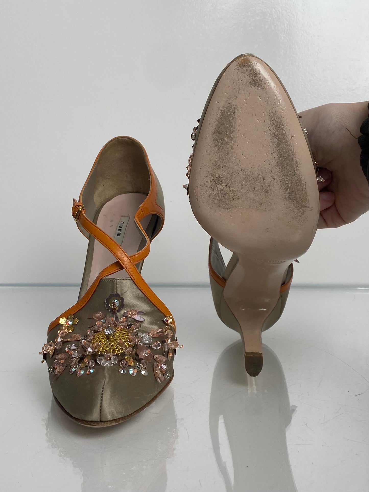 Miu Miu Grey/Orange Silk Floral Embellished Heels, 39