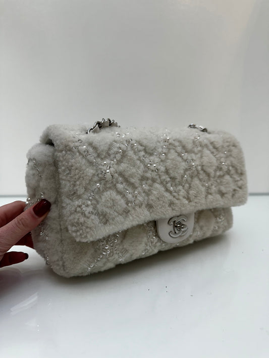 Chanel White Shearling Sequin & Pearl Medium Single Classic Flap SHW
