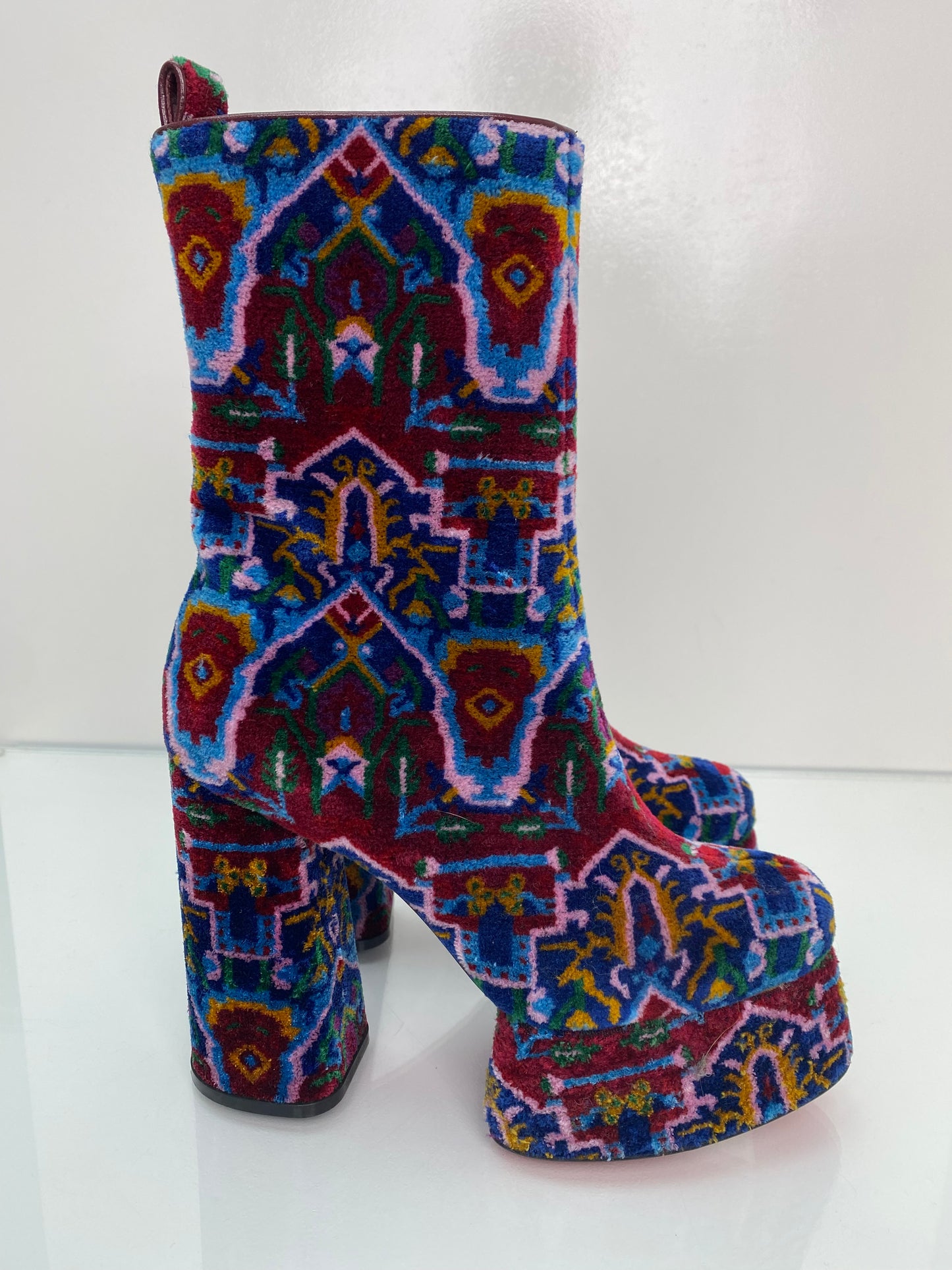 Christian Louboutin Maroon & Multicolor Velvet Platform Boots, 39