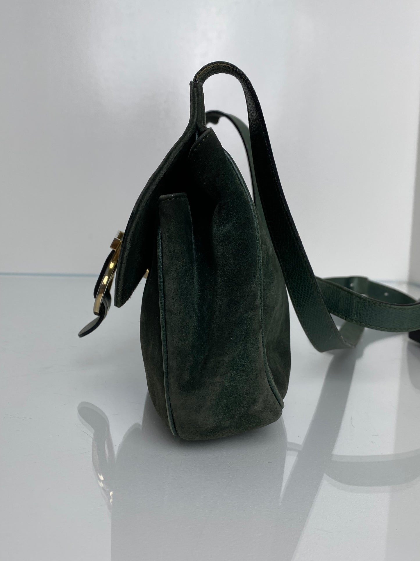 Ferragamo Vintage Green Velvet Crossbody Bag GHW