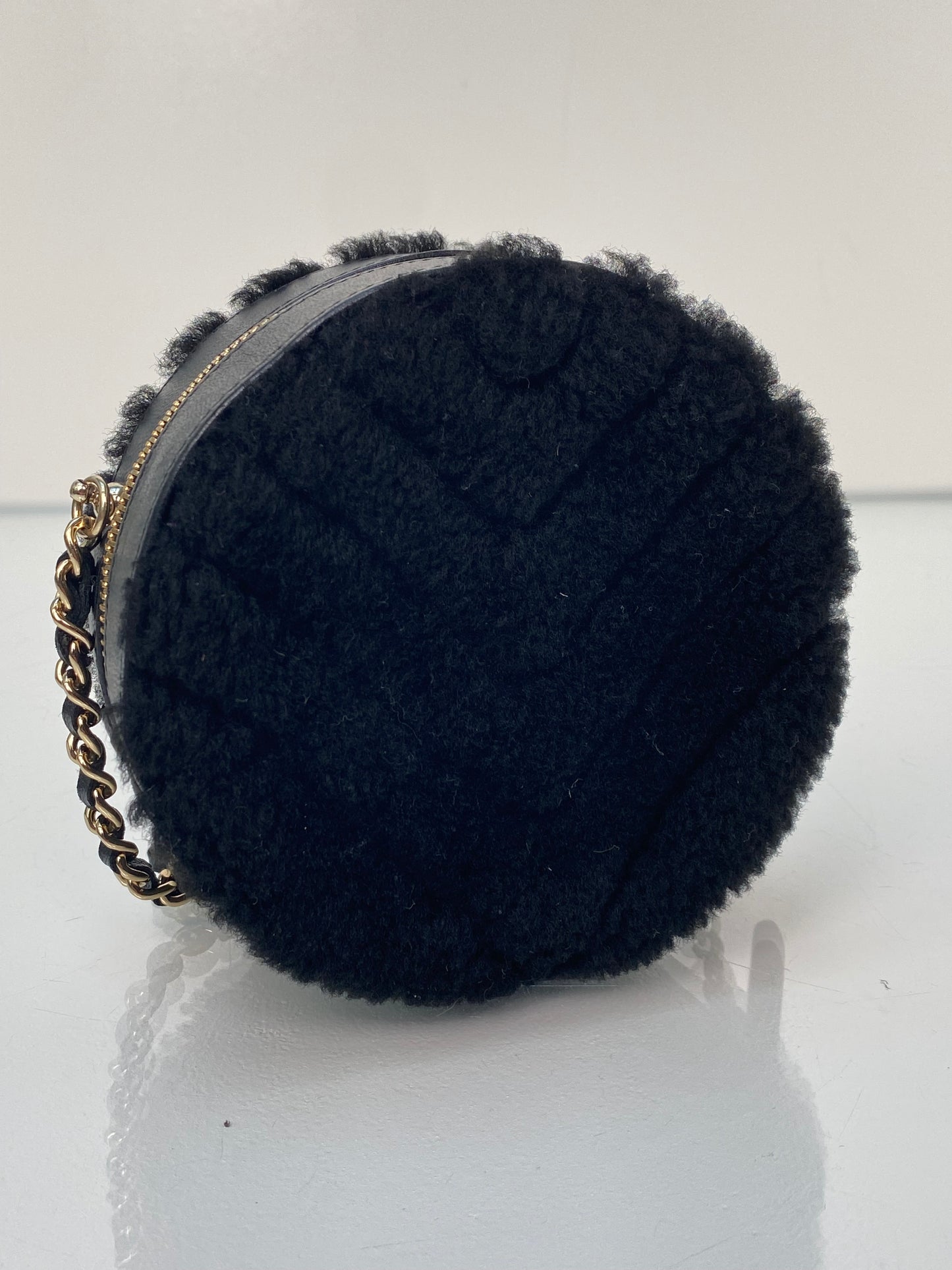 Chanel Black Shearling Chevron Round Mini Crossbody Bag