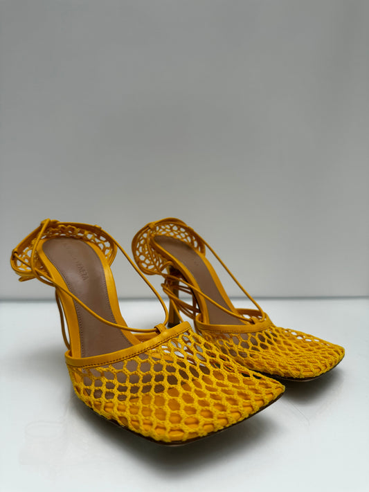 Bottega Veneta Yellow Mesh Strappy Heels, 39.5