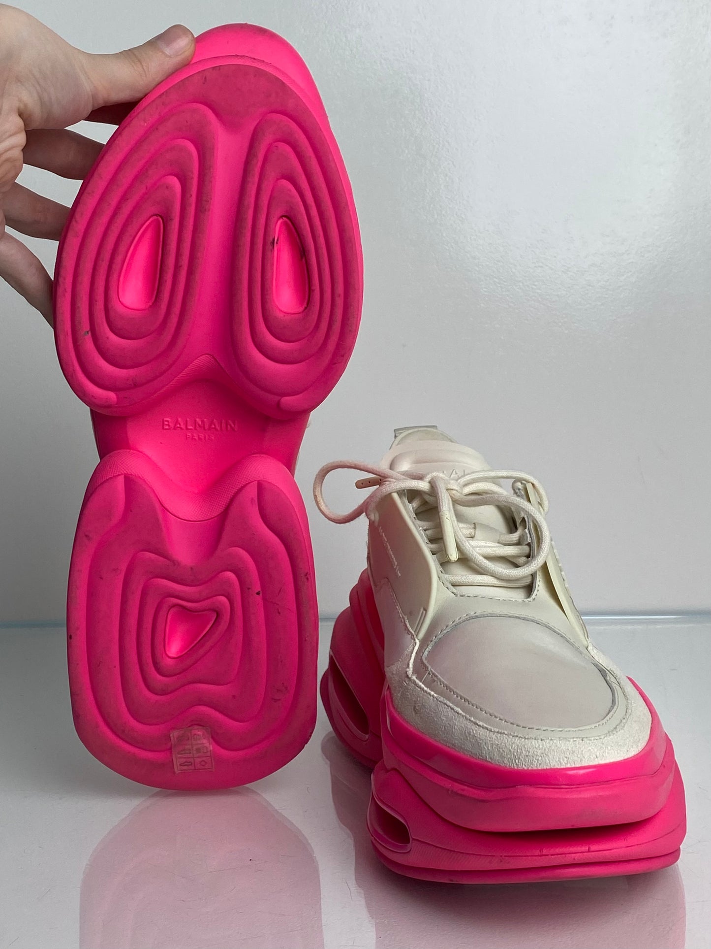 Balmain White & Neon Pink Sneakers, 9