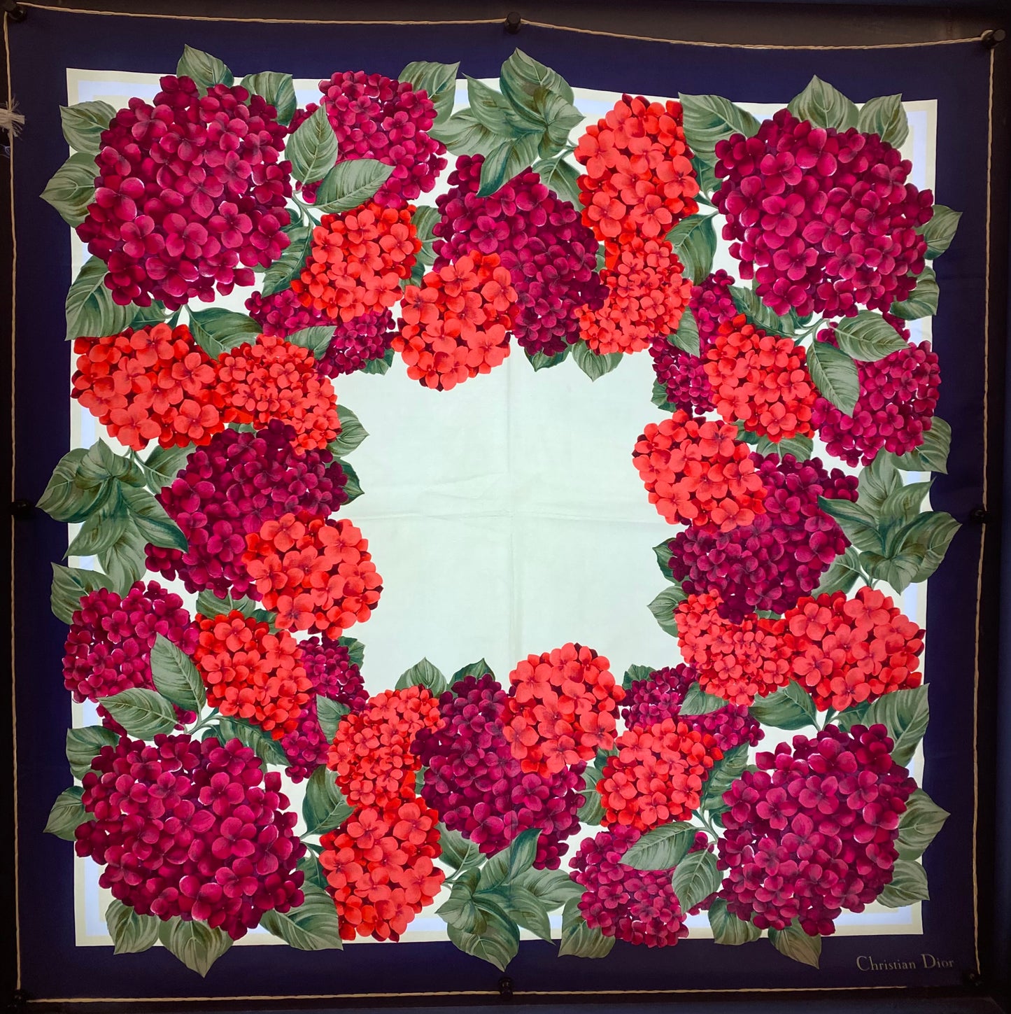 Dior Vintage Navy, Cream, & Purple Hydrangea Silk Scarf