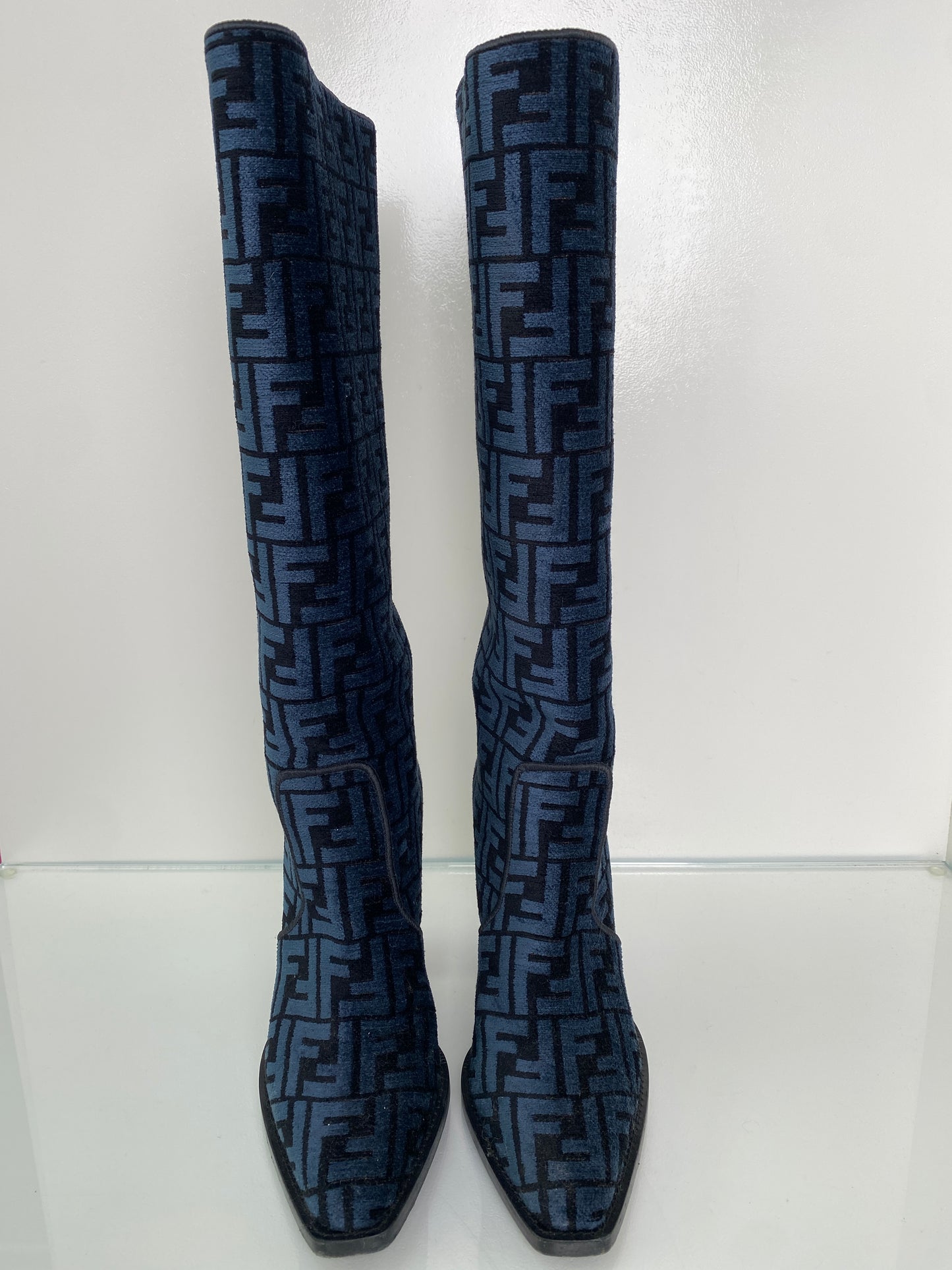 Fendi Navy & Black Chenille Tall Heel Boots, 39