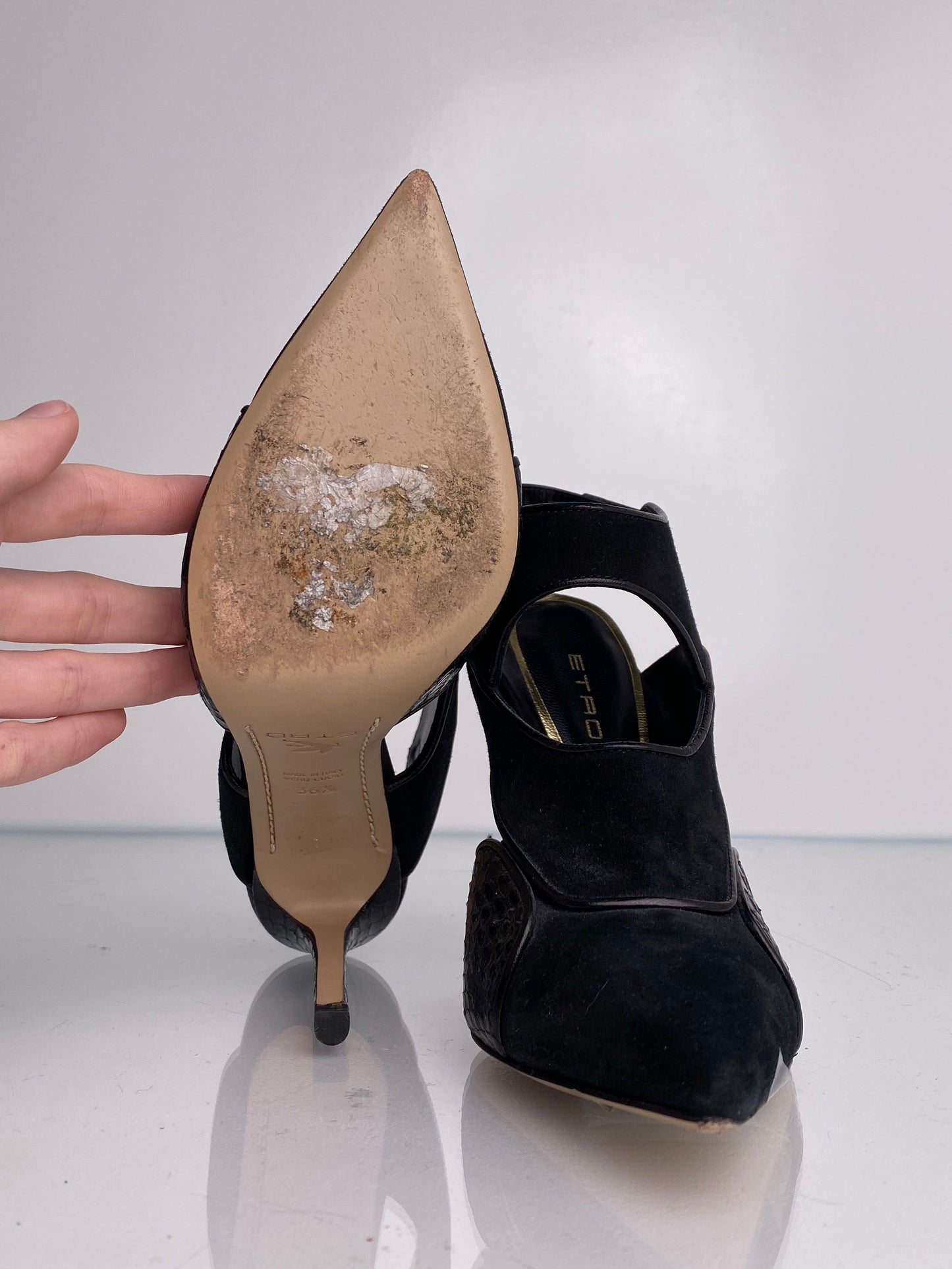 Etro Black Suede & Snakeprint Heels, 36.5