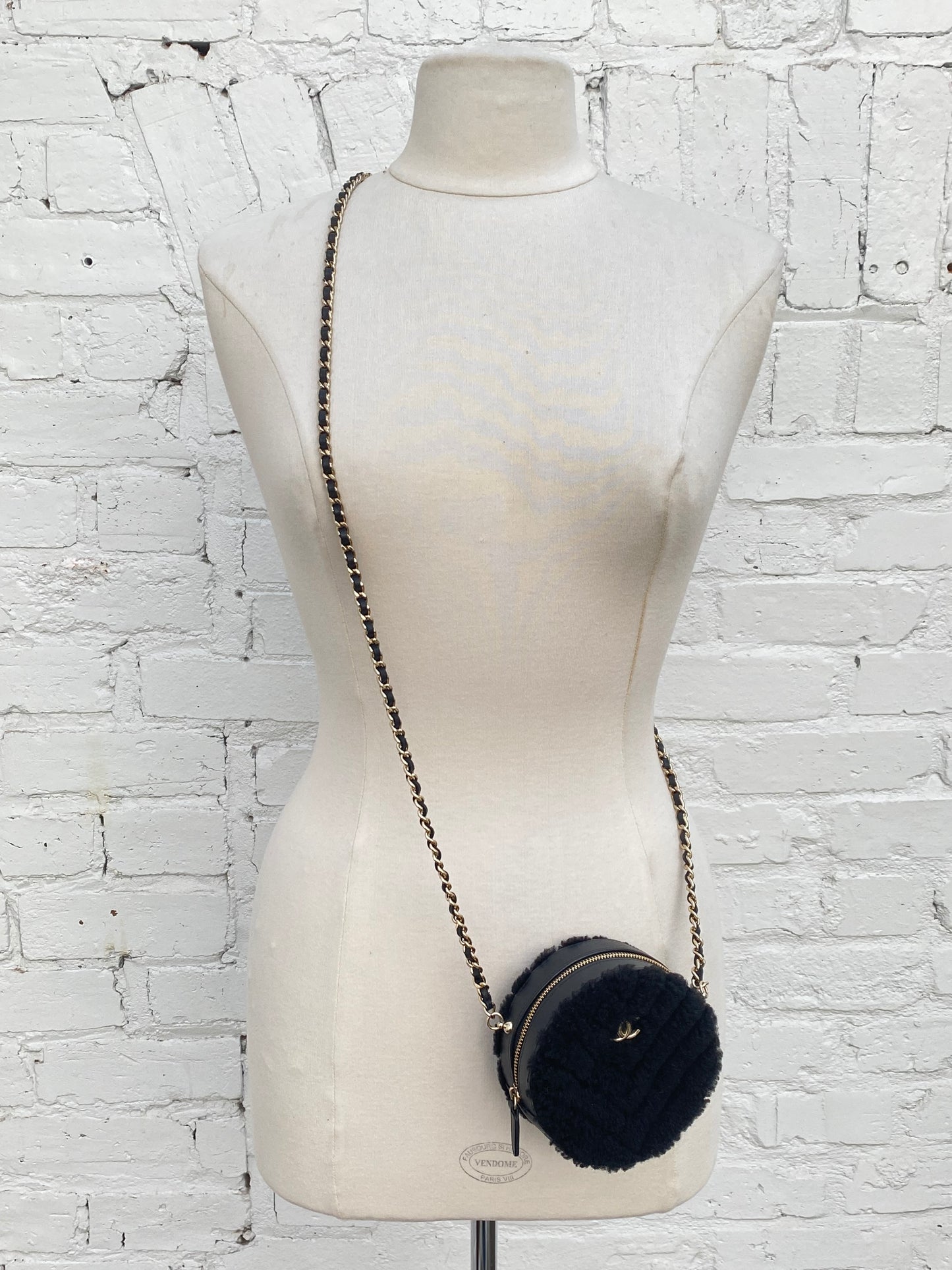 Chanel Black Shearling Chevron Round Mini Crossbody Bag