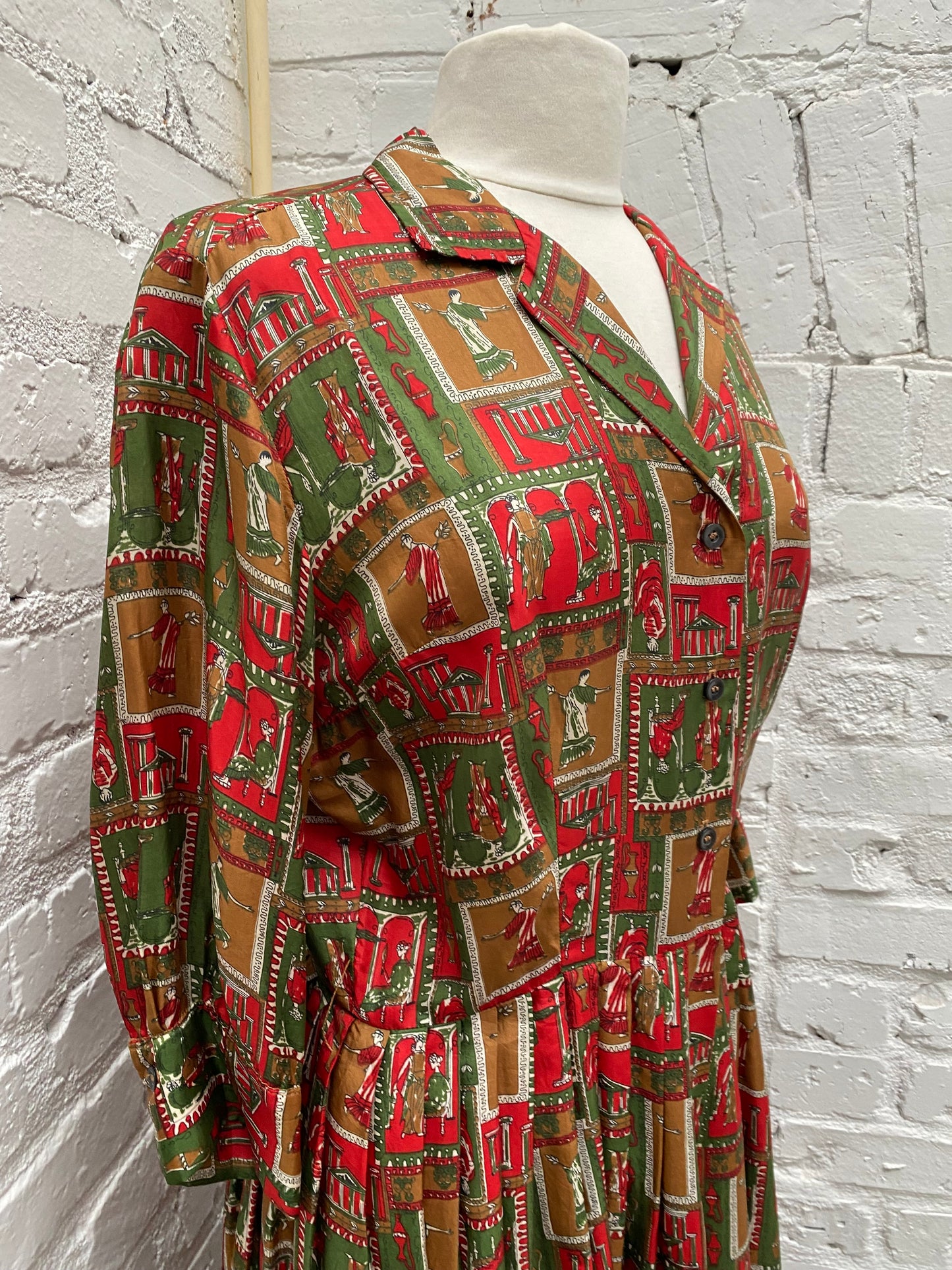 Brown, Red & Green Greek Silk Vintage Dress, S