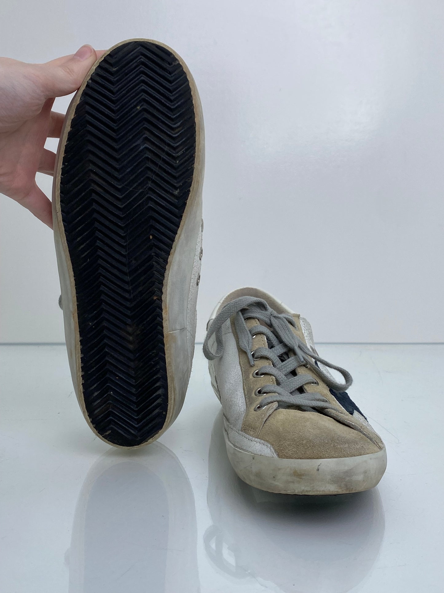 Golden Gooss Crackled White/Tan Suede Superstars 39