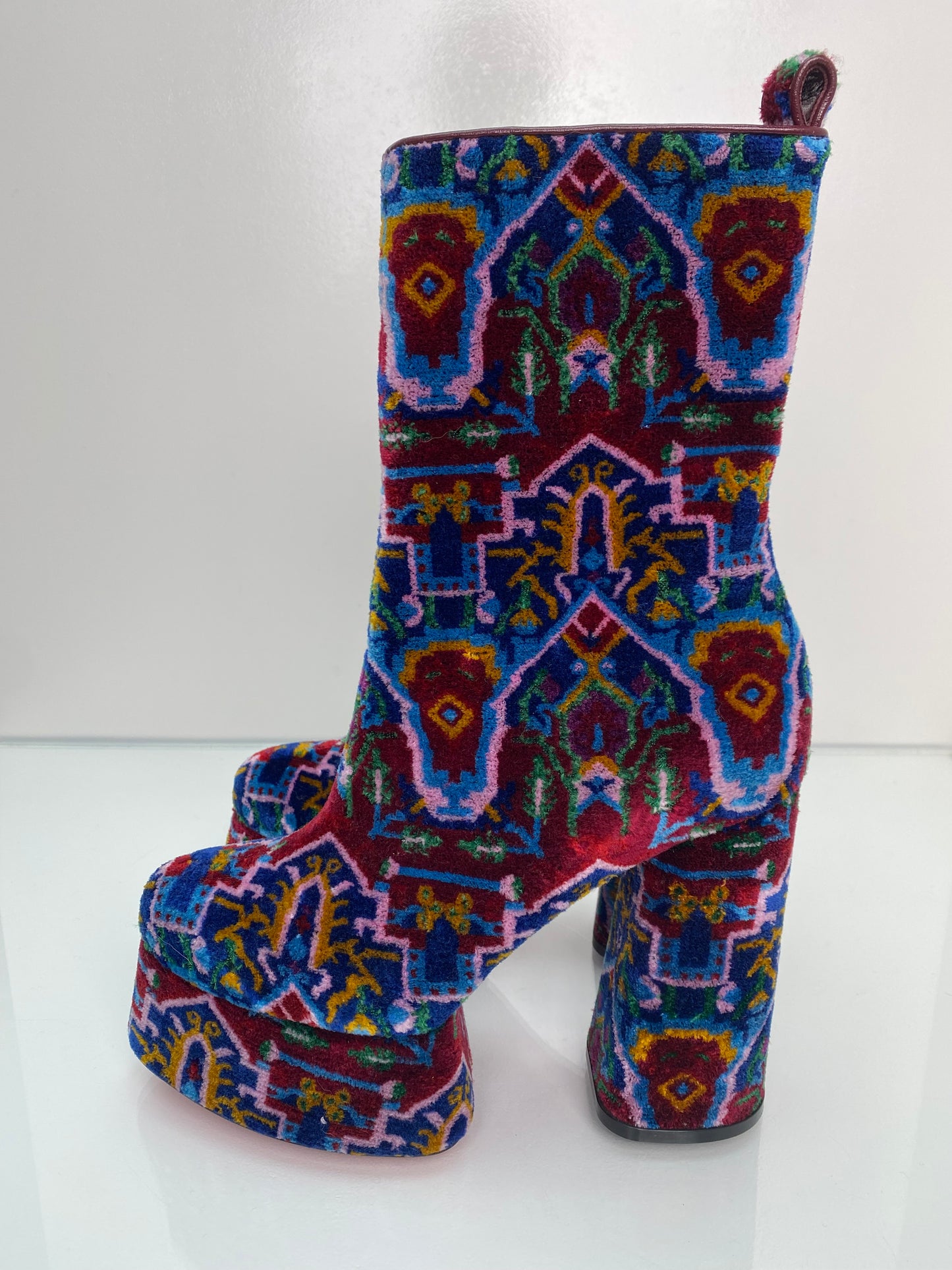 Christian Louboutin Maroon & Multicolor Velvet Platform Boots, 39