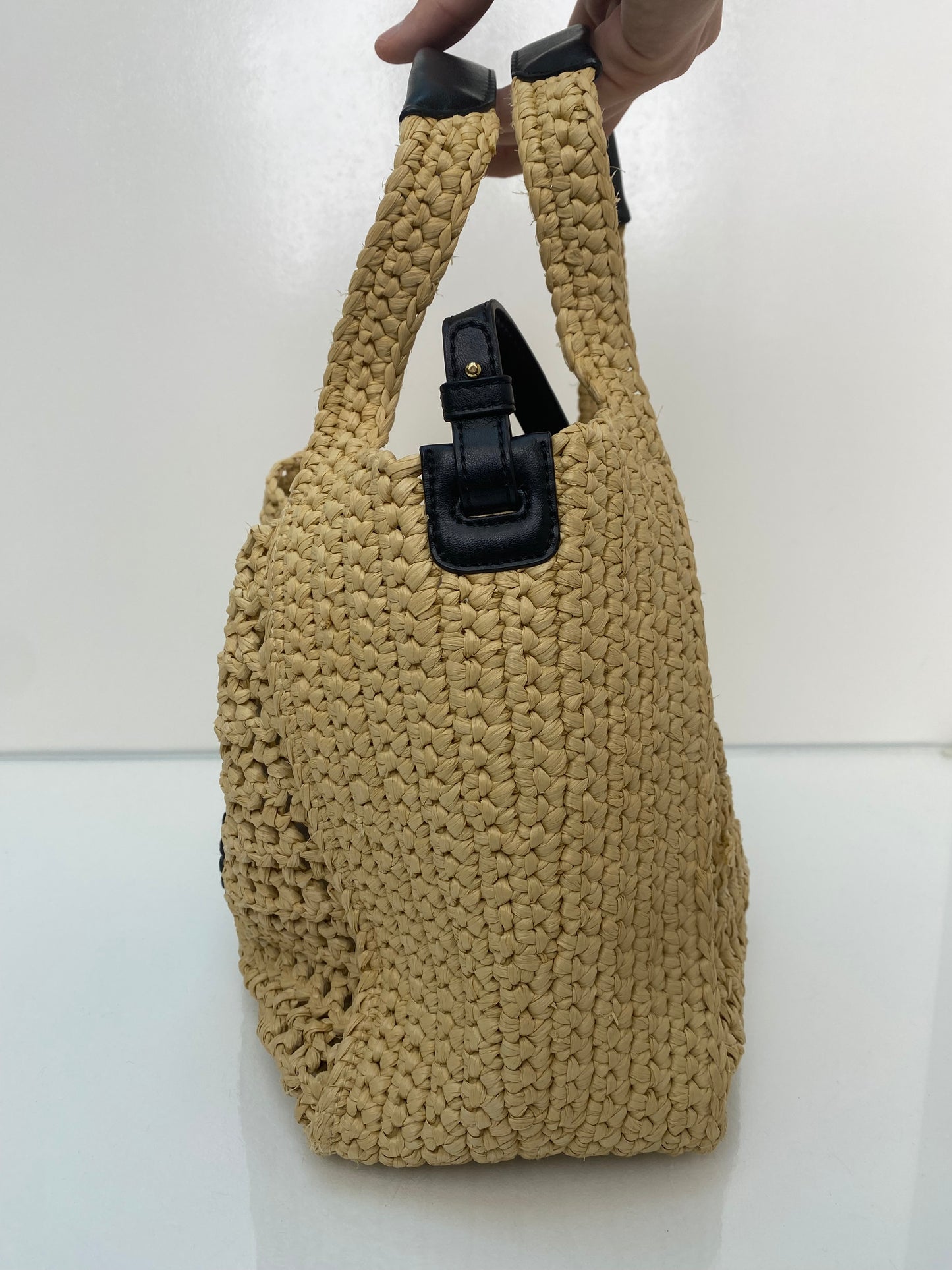 Stella McCartney Black Vegan Leather & Raffia Shoulder Bag