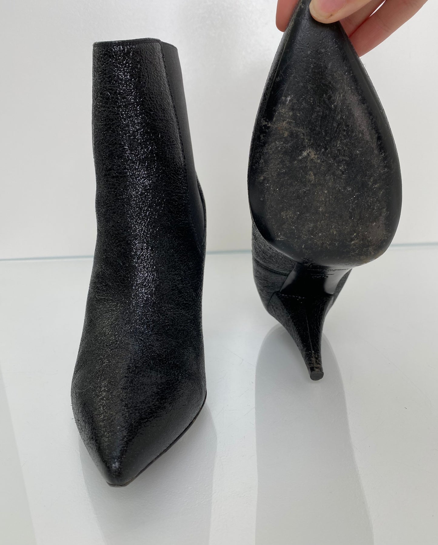 Saint Laurent Black Crinkle Leather Boots, 38.5