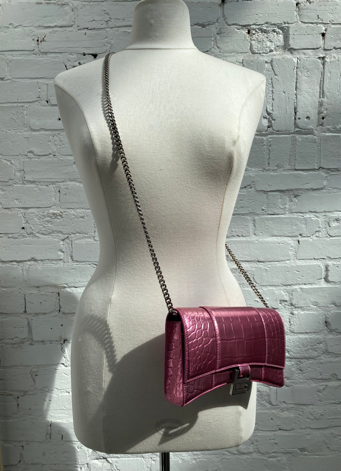 Balenciaga Hourglass Pink Croc Embossed Crossbody