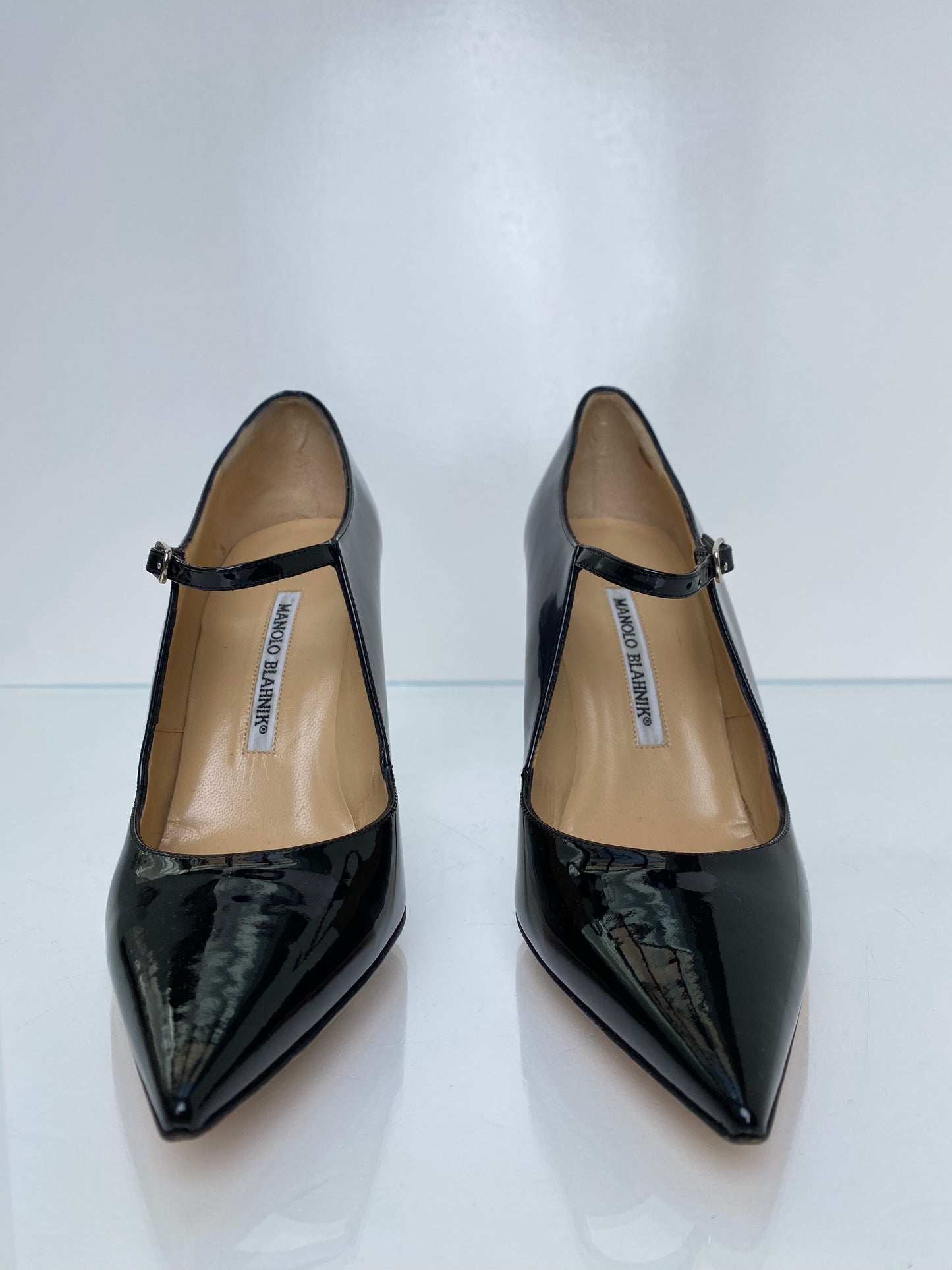 Manolo Blahnik Black Patent Pointed Toe Heels, 38.5