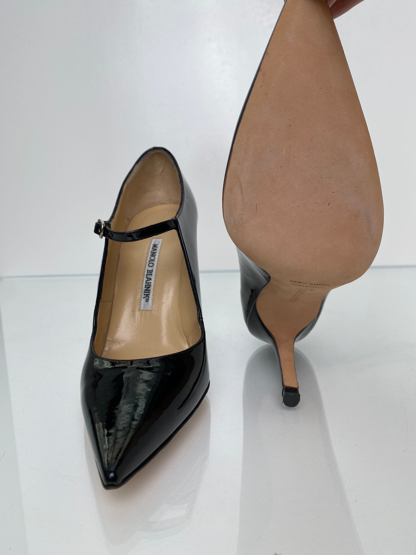 Manolo Blahnik Black Patent Pointed Toe Heels, 38.5