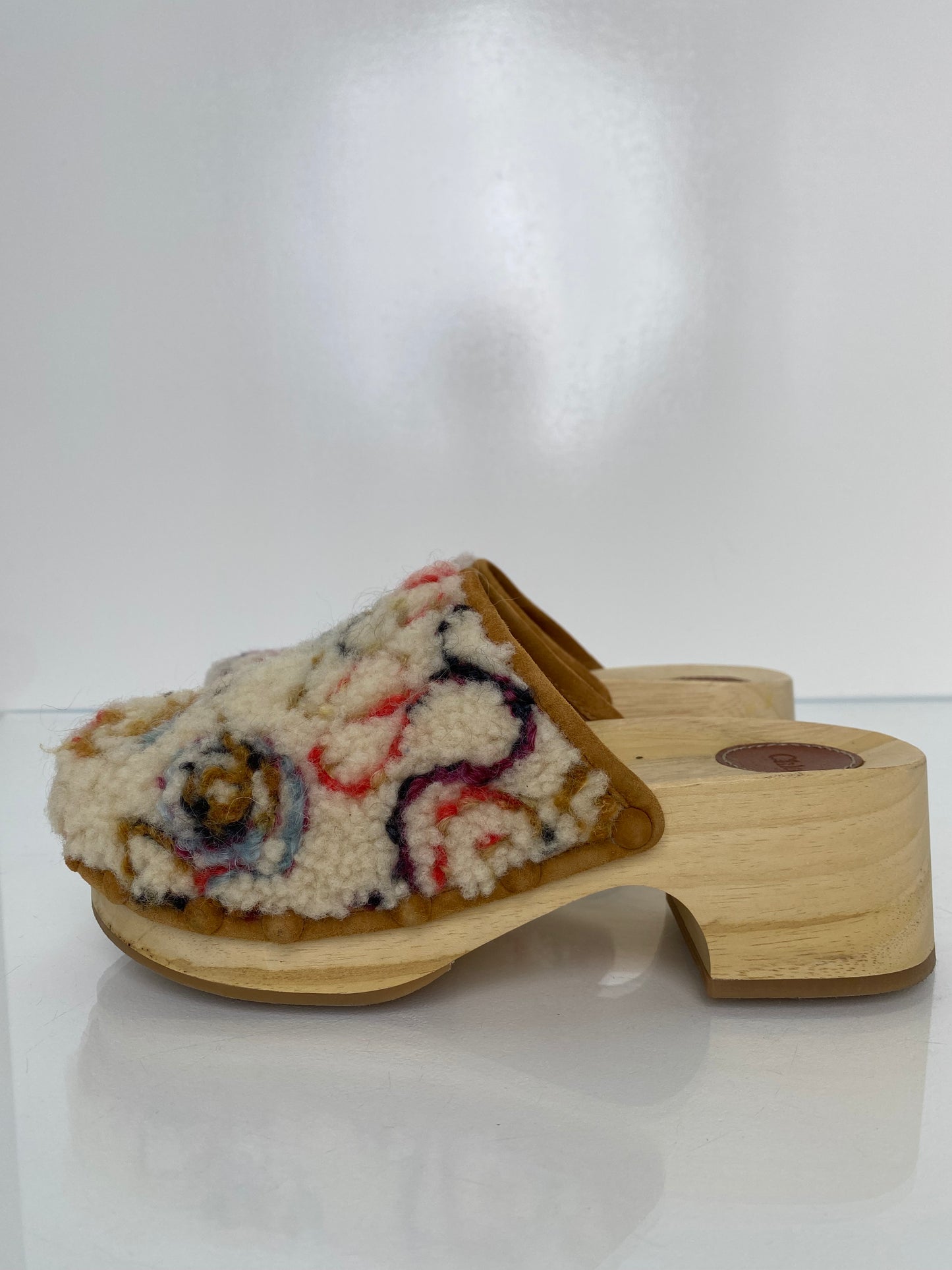 Chloe Cream & Multicolor Shearling Clogs, 37
