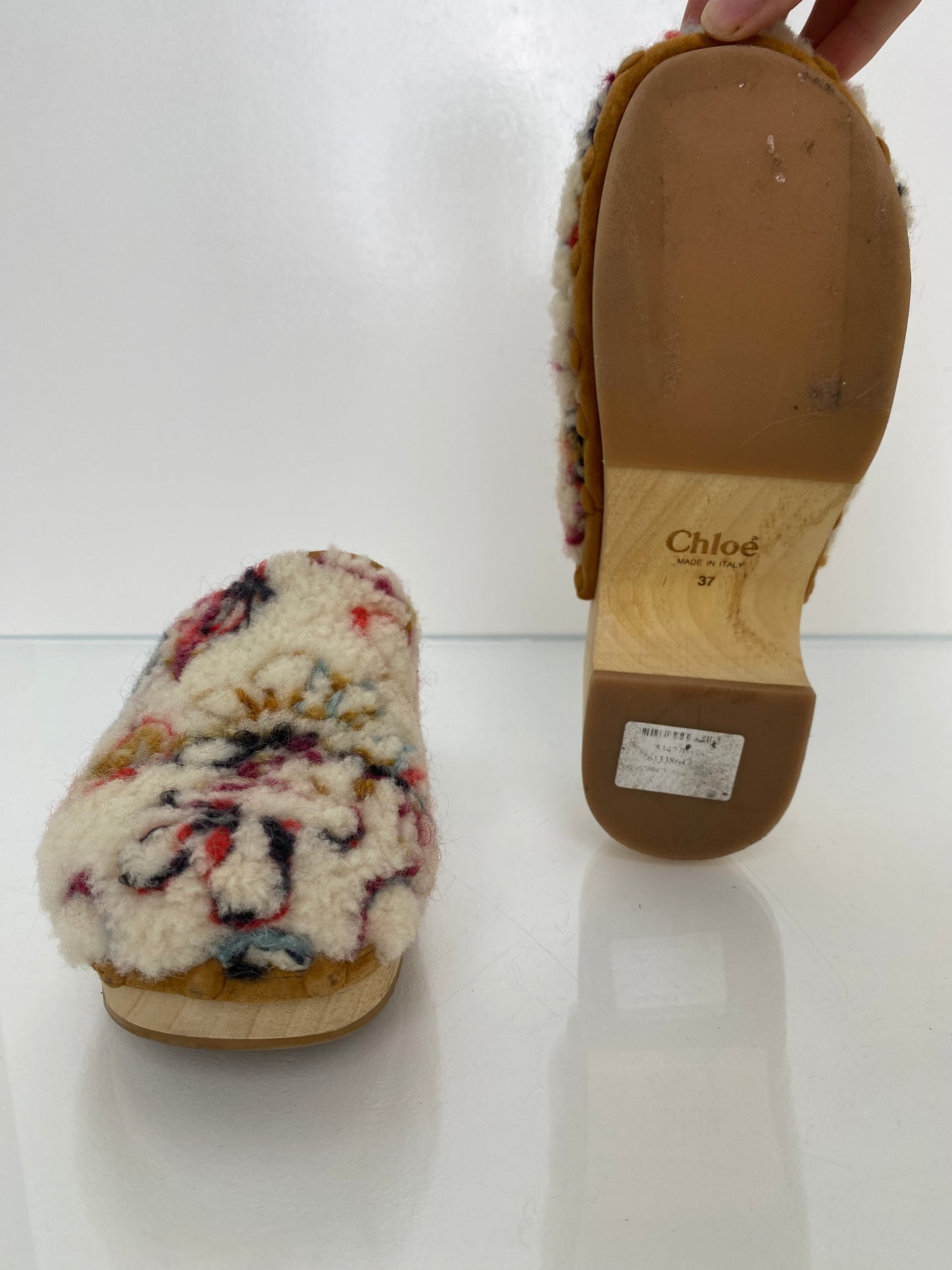 Chloe Cream & Multicolor Shearling Clogs, 37