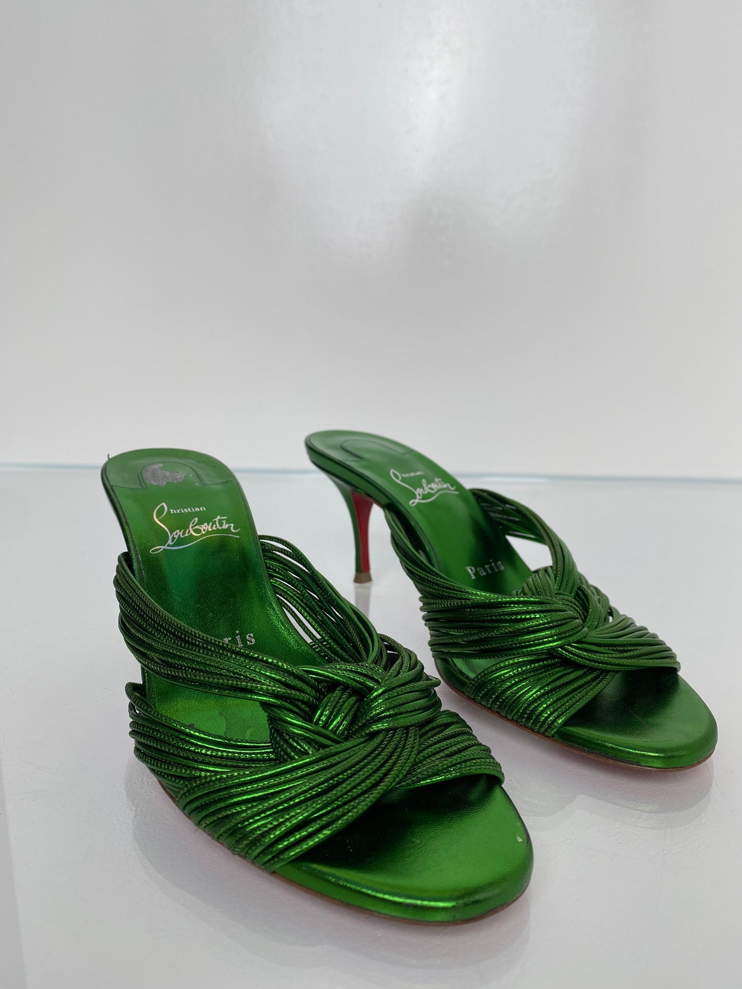 Christian Louboutin Green Metallic Knotted Kitten Heels, 36.5