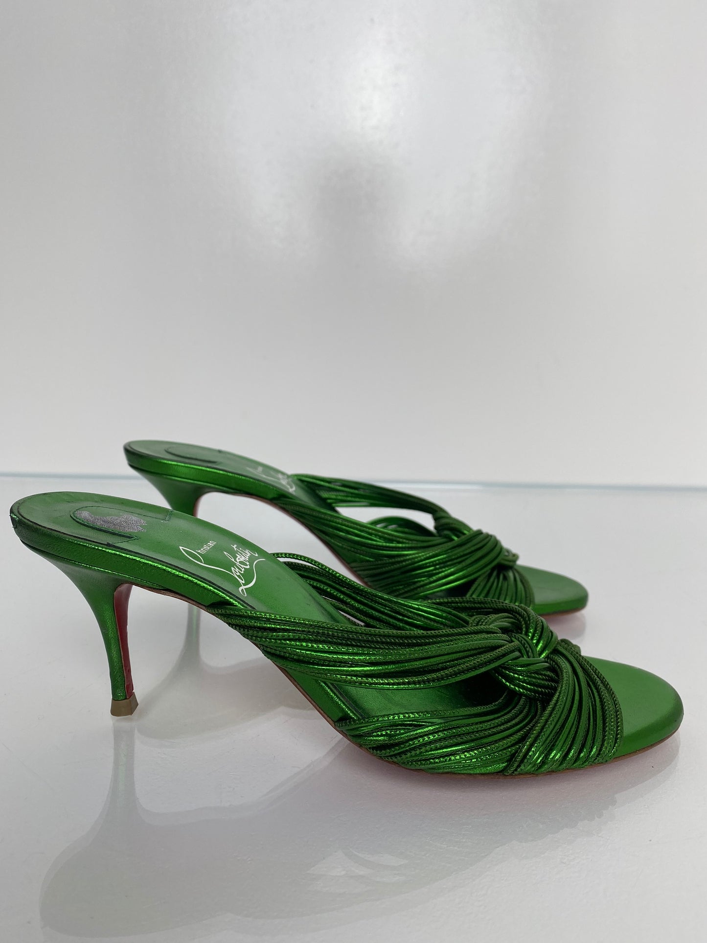 Christian Louboutin Green Metallic Knotted Kitten Heels, 36.5