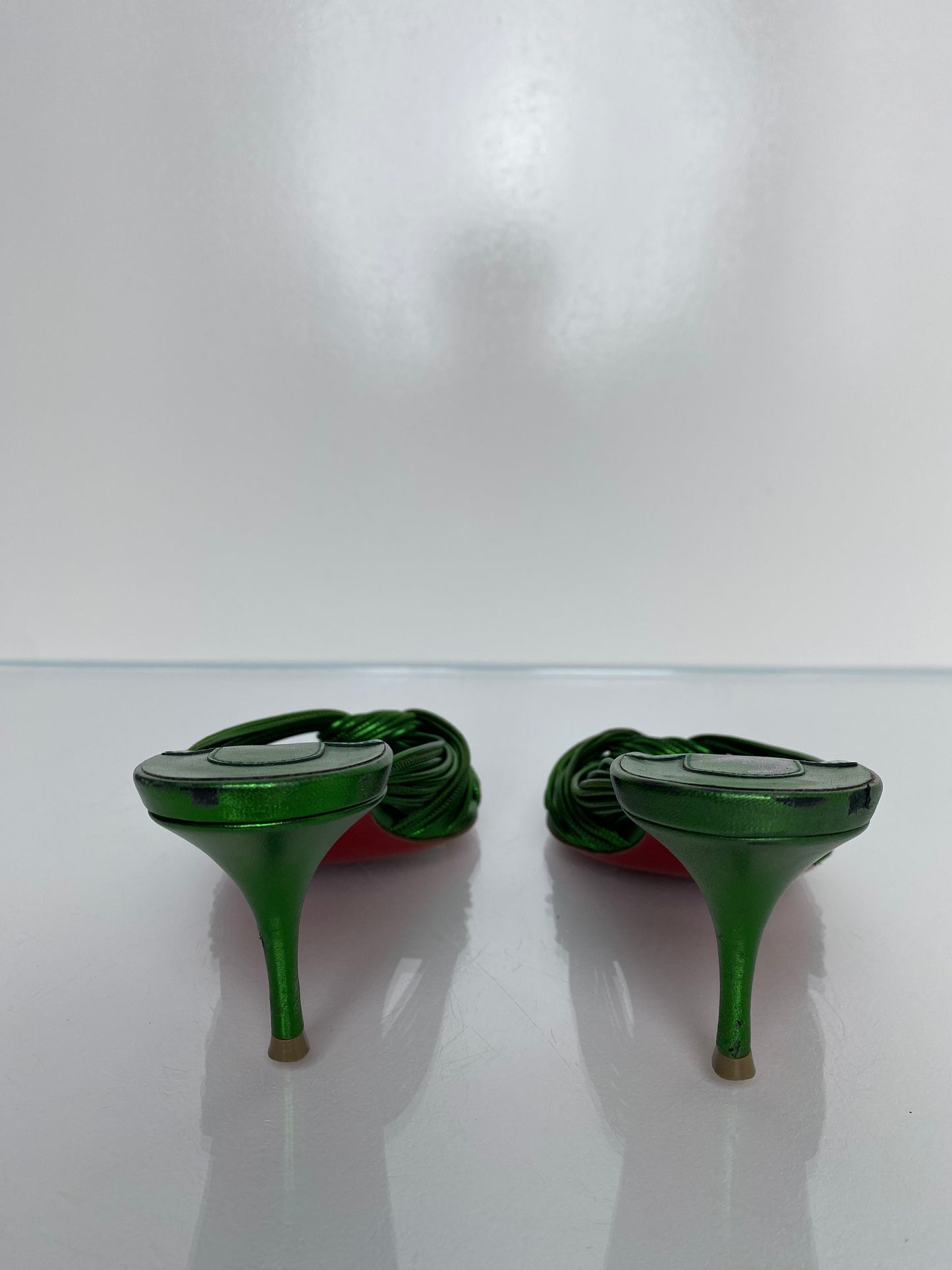 Christian Louboutin Green Metallic Knotted Kitten Heels, 36.5