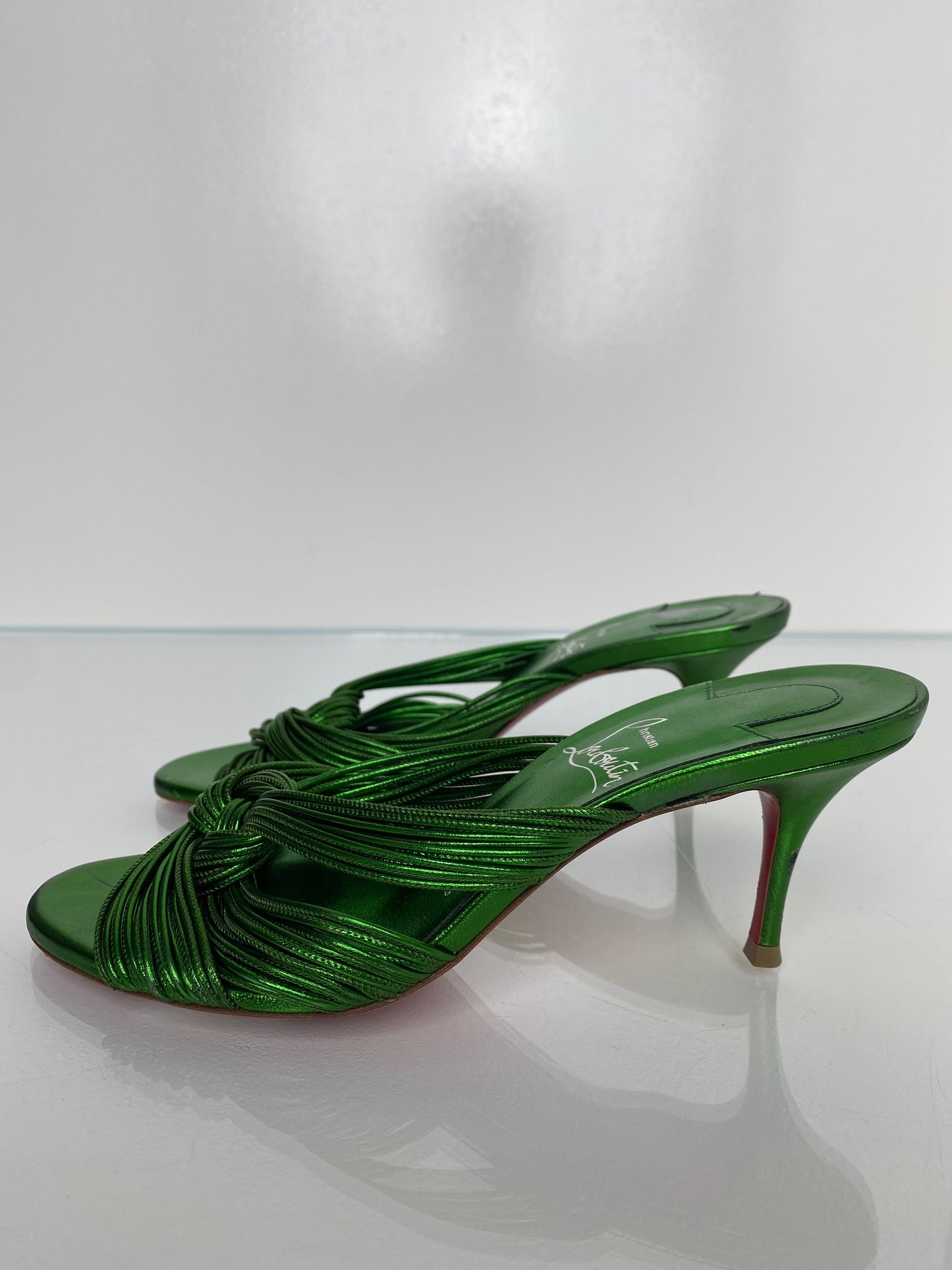 Christian Louboutin Green Metallic Knotted Kitten Heels, 36.5