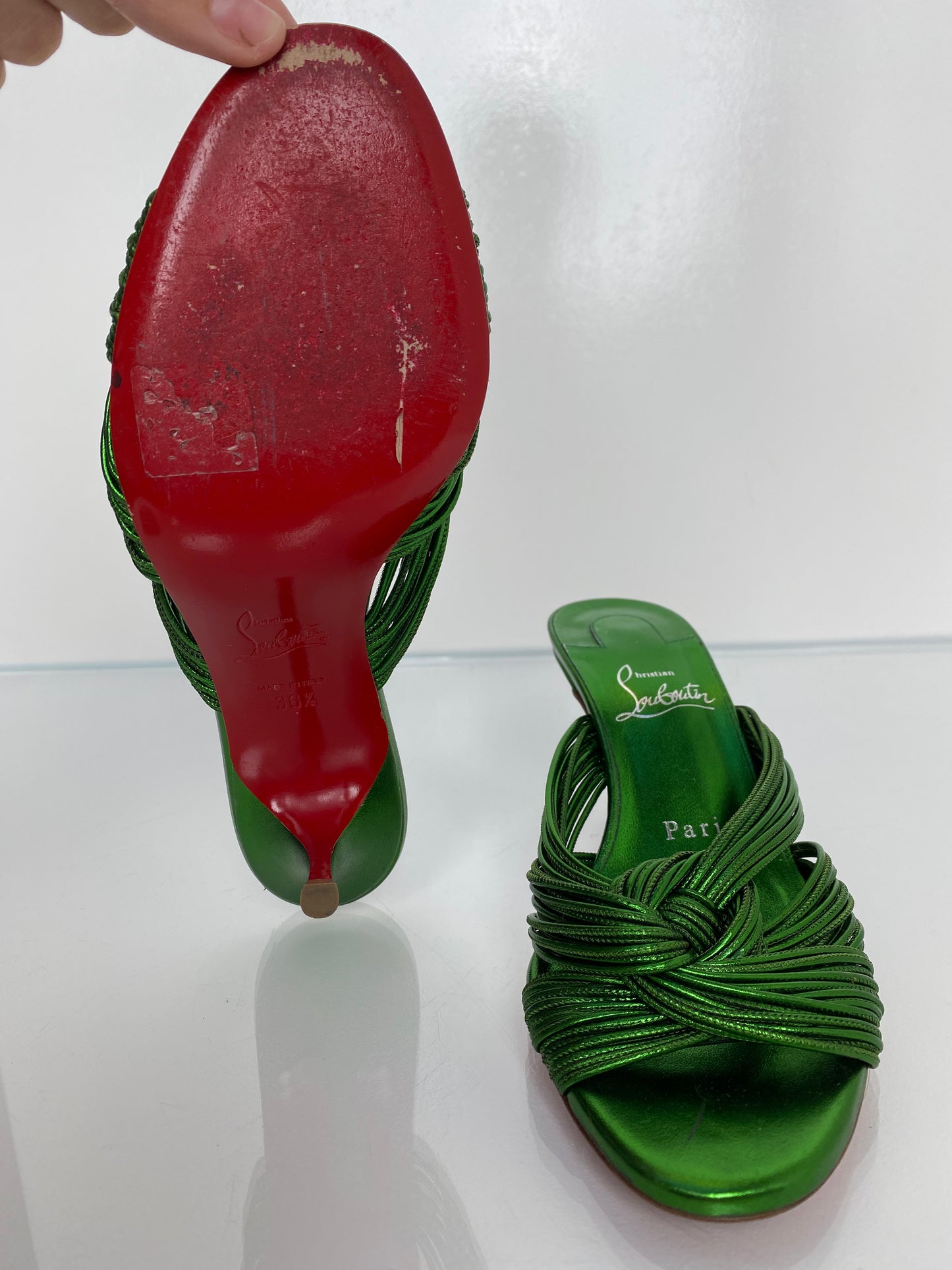 Christian Louboutin Green Metallic Knotted Kitten Heels, 36.5