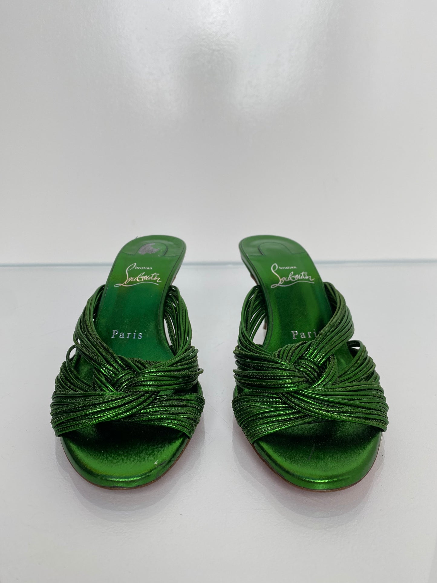 Christian Louboutin Green Metallic Knotted Kitten Heels, 36.5