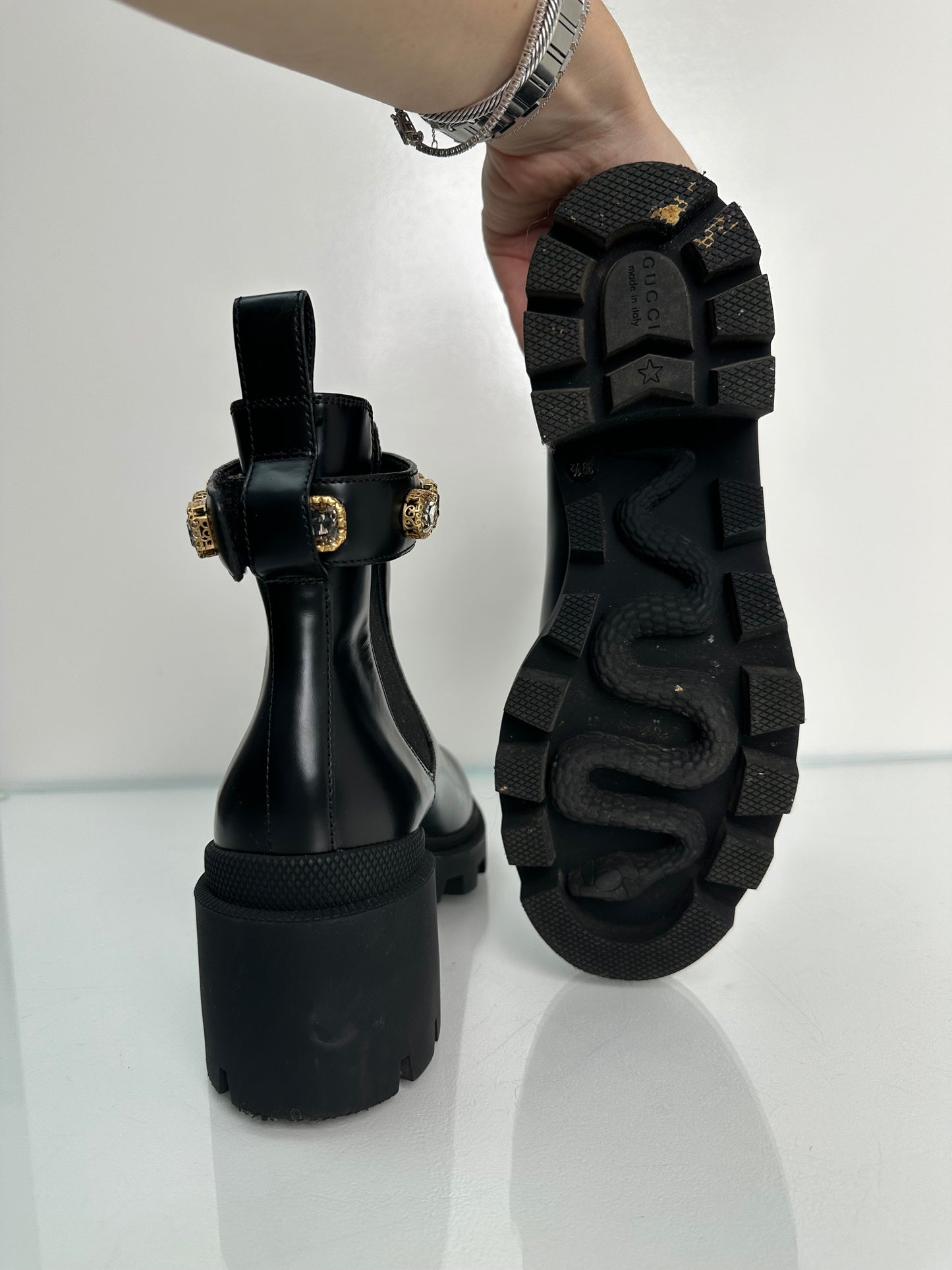 Gucci GG Black Magnum Chelsea Boots w/Crystals, 39.5