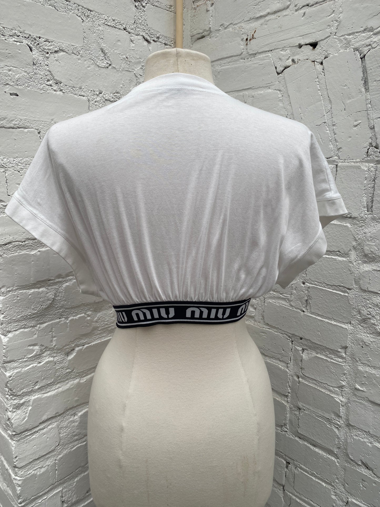Miu Miu White & Black Ruched Logo Band Crop Top, M
