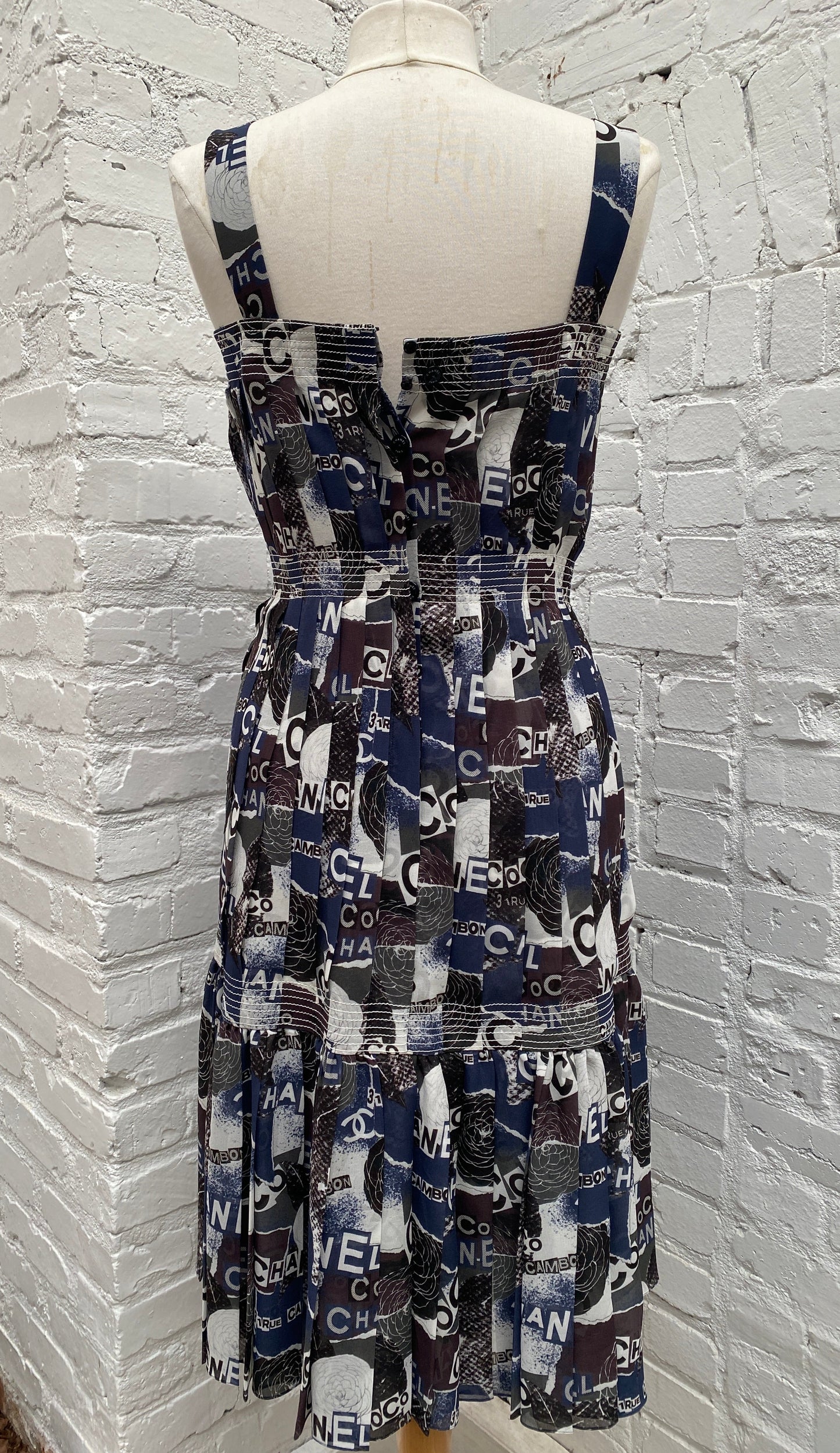 Chanel Blue, Black, & Multicolor Silk Pleated Coco Mark Camelia Dress, 40