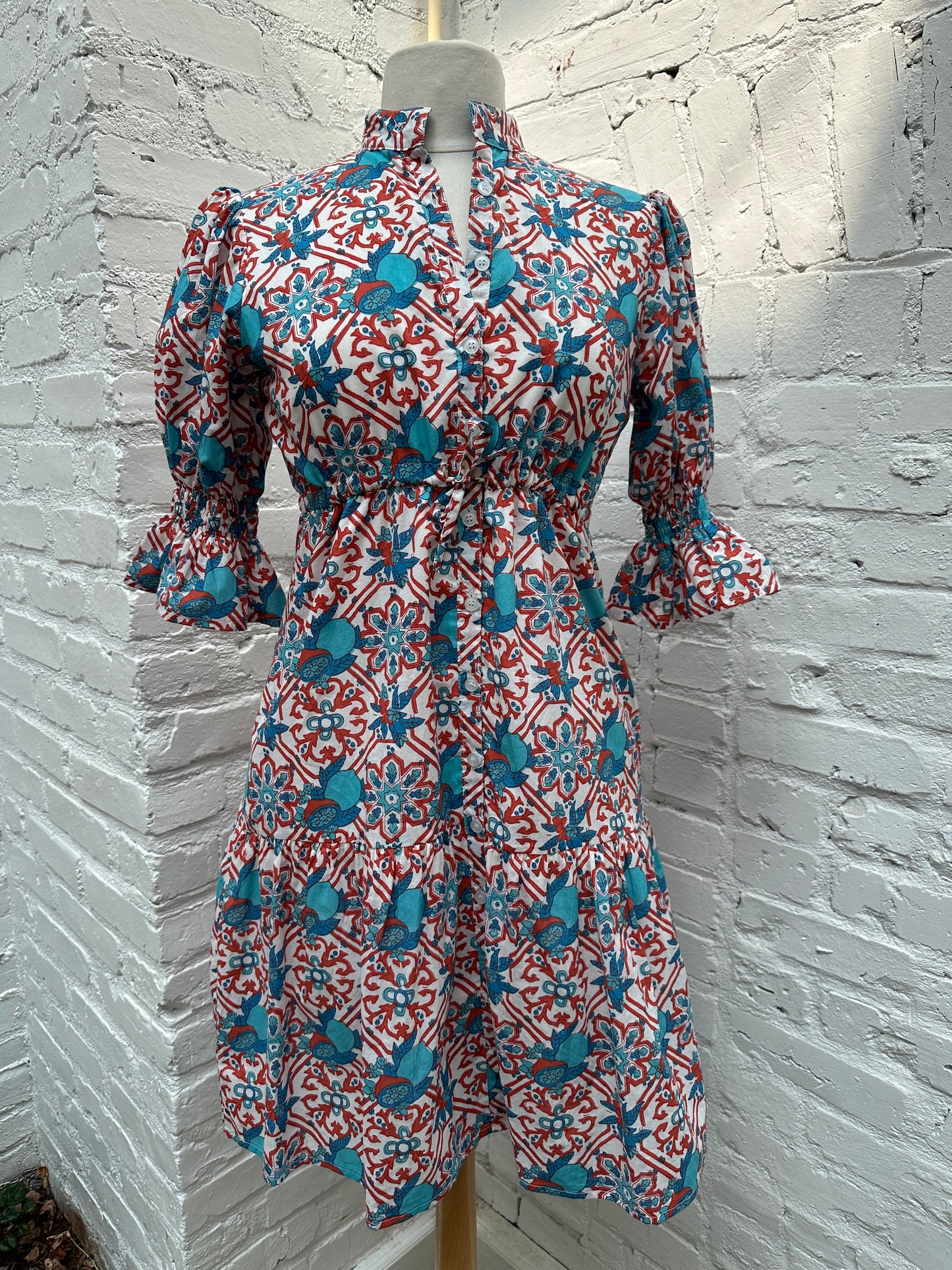 Victoria Dunn Blue, White & Red Floral Dress, XS