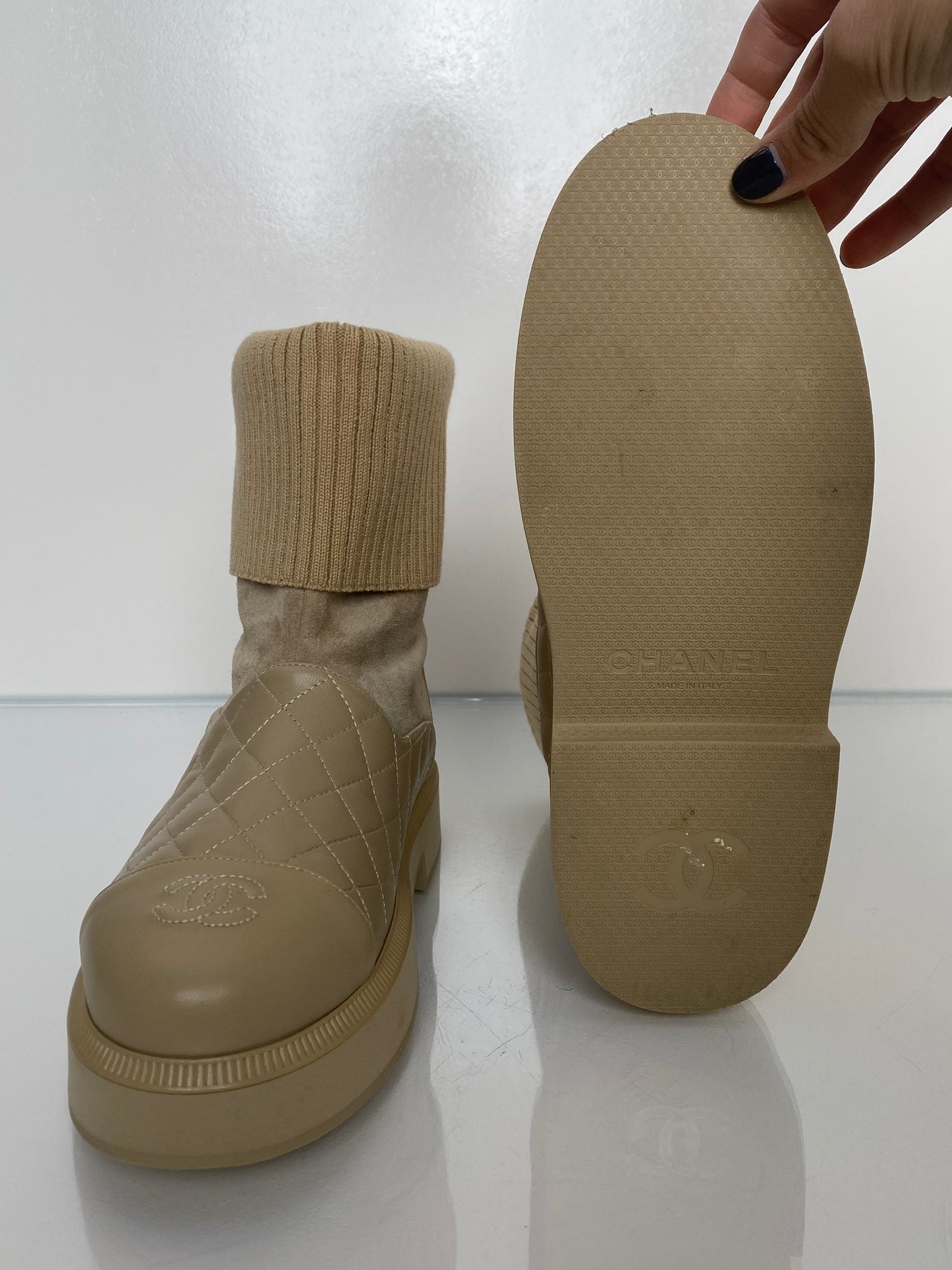 Chanel Beige Knit Quilted Lambskin & Suede Boots, 8