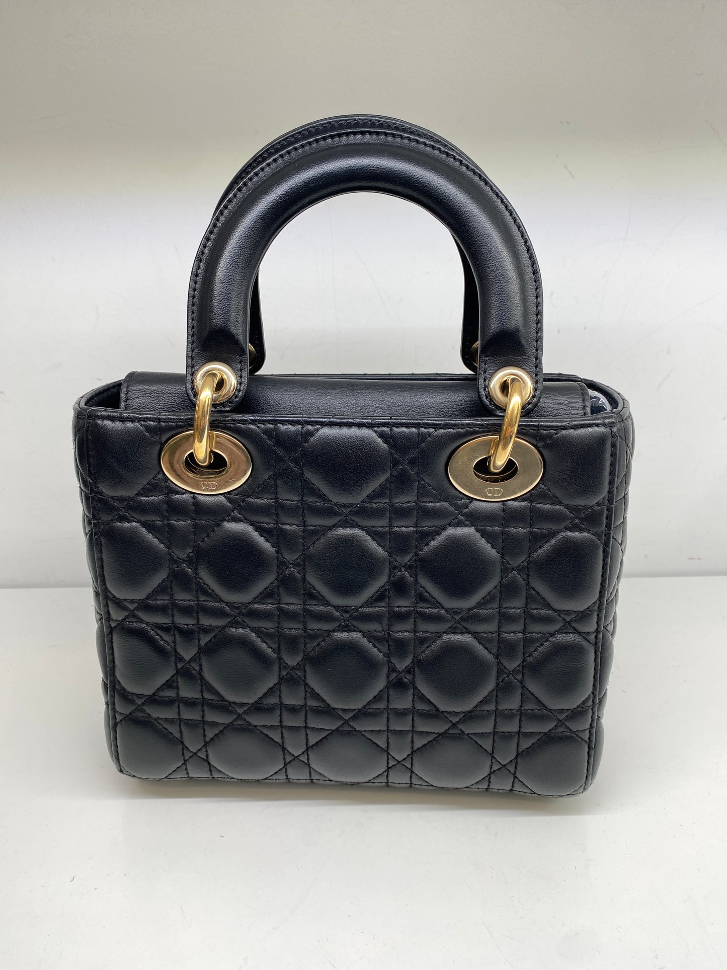 Christian Dior Lady Dior Small Black Lambskin w blue charm strap