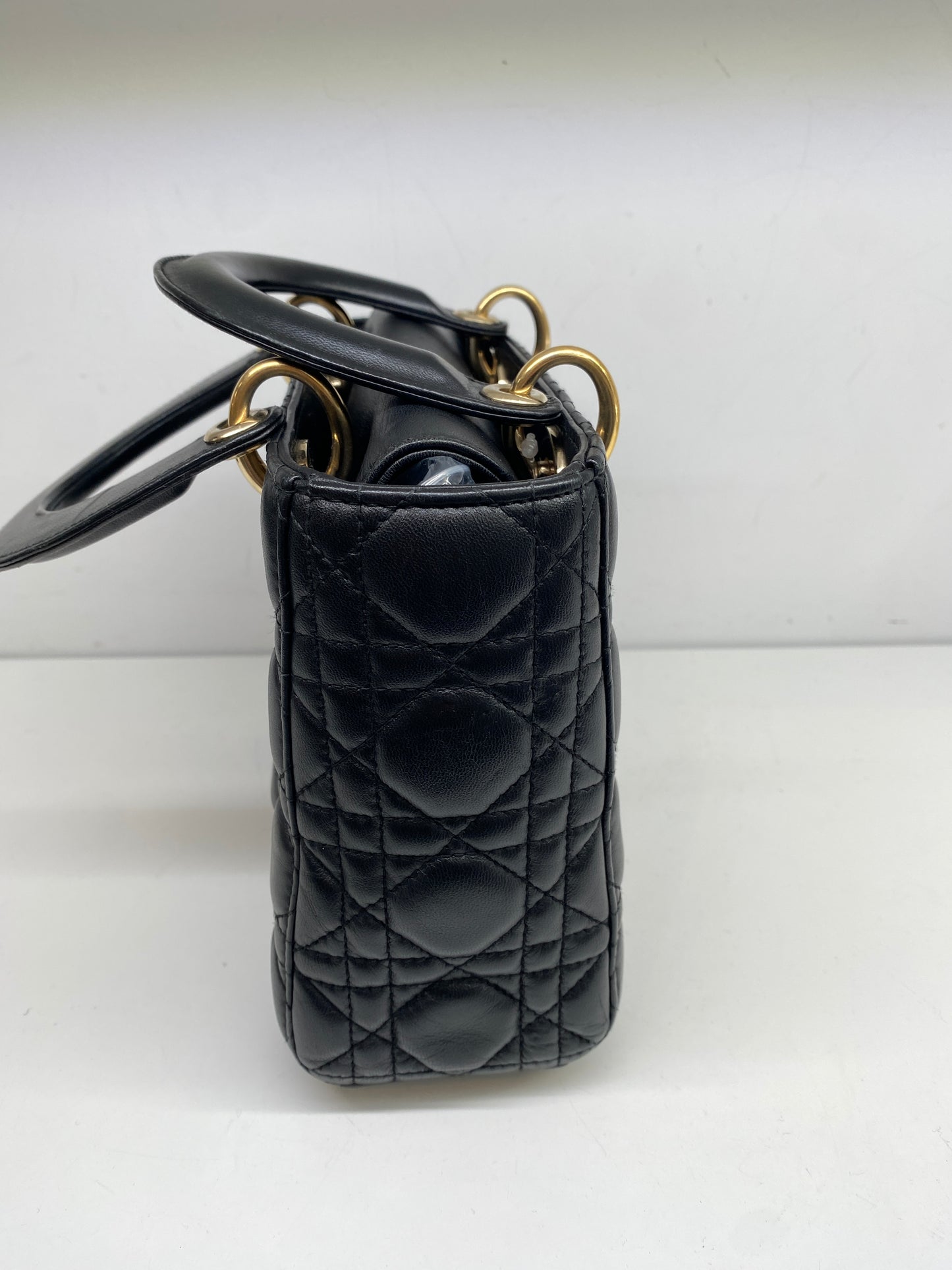 Christian Dior Lady Dior Small Black Lambskin w blue charm strap