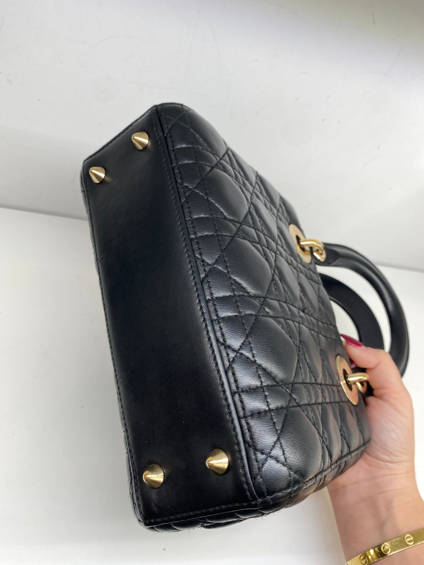 Christian Dior Lady Dior Small Black Lambskin w blue charm strap
