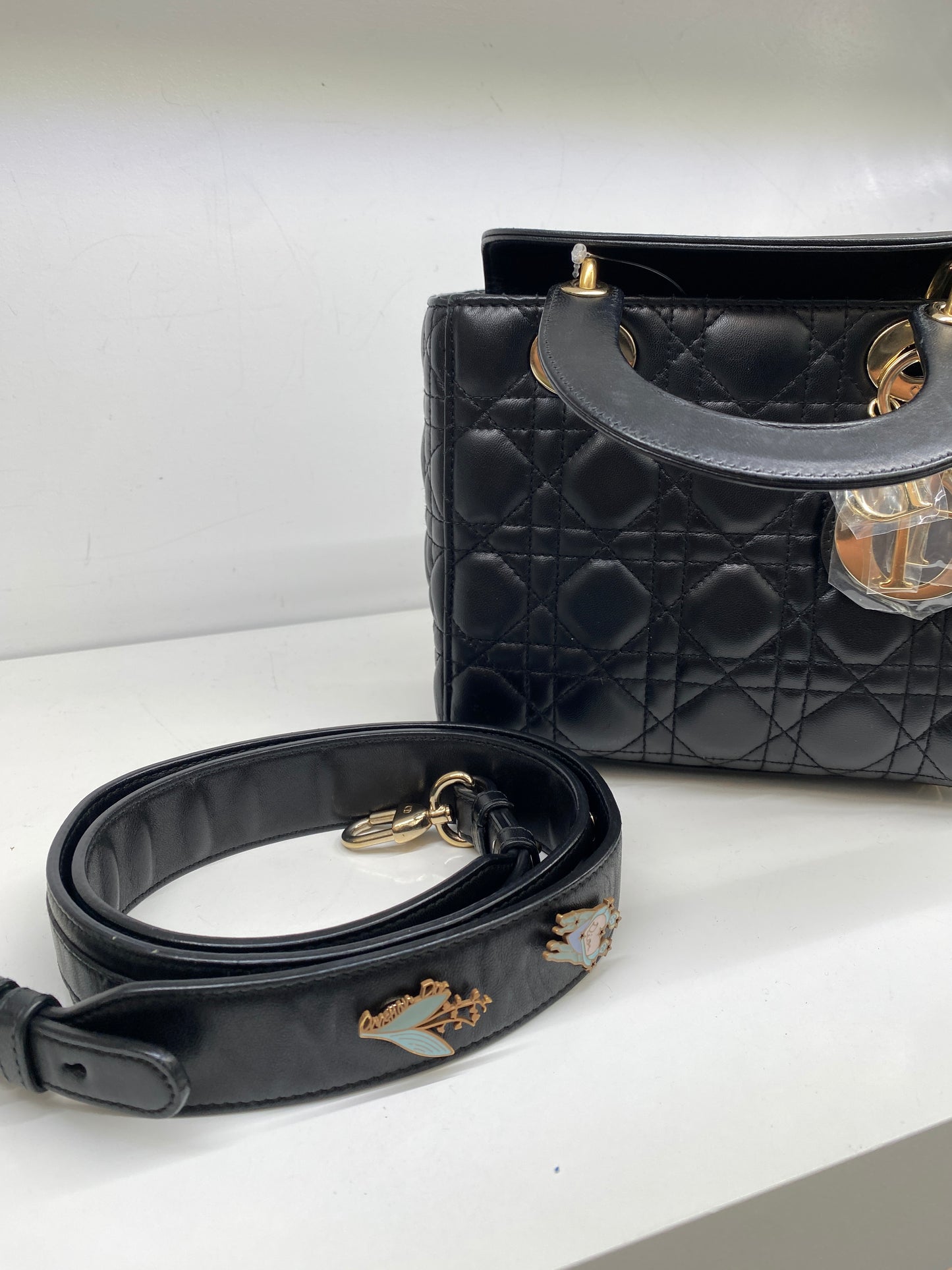 Christian Dior Lady Dior Small Black Lambskin w blue charm strap