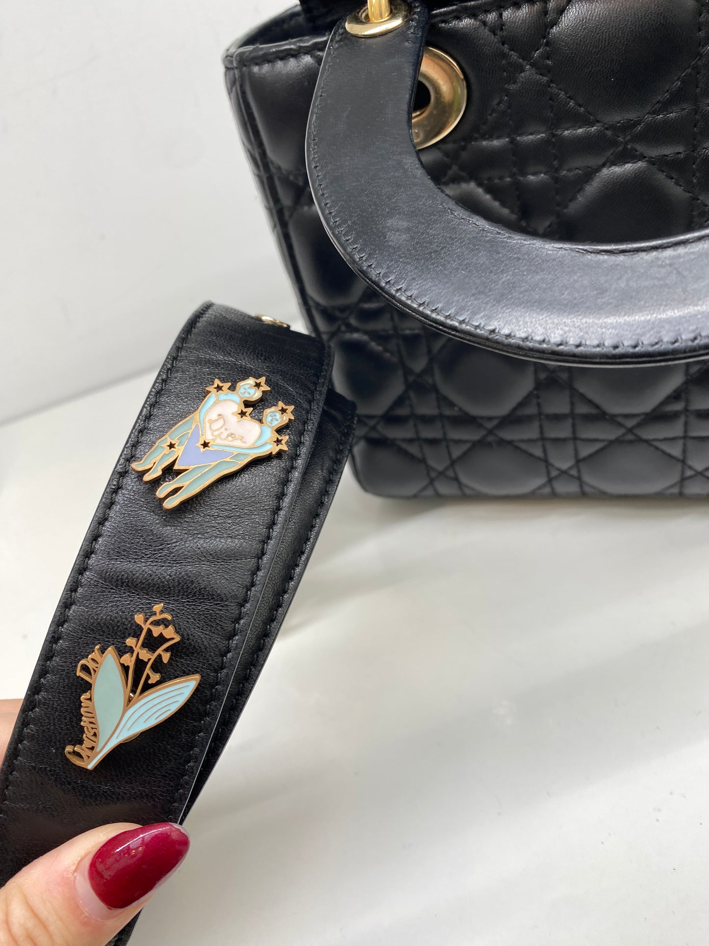 Christian Dior Lady Dior Small Black Lambskin w blue charm strap