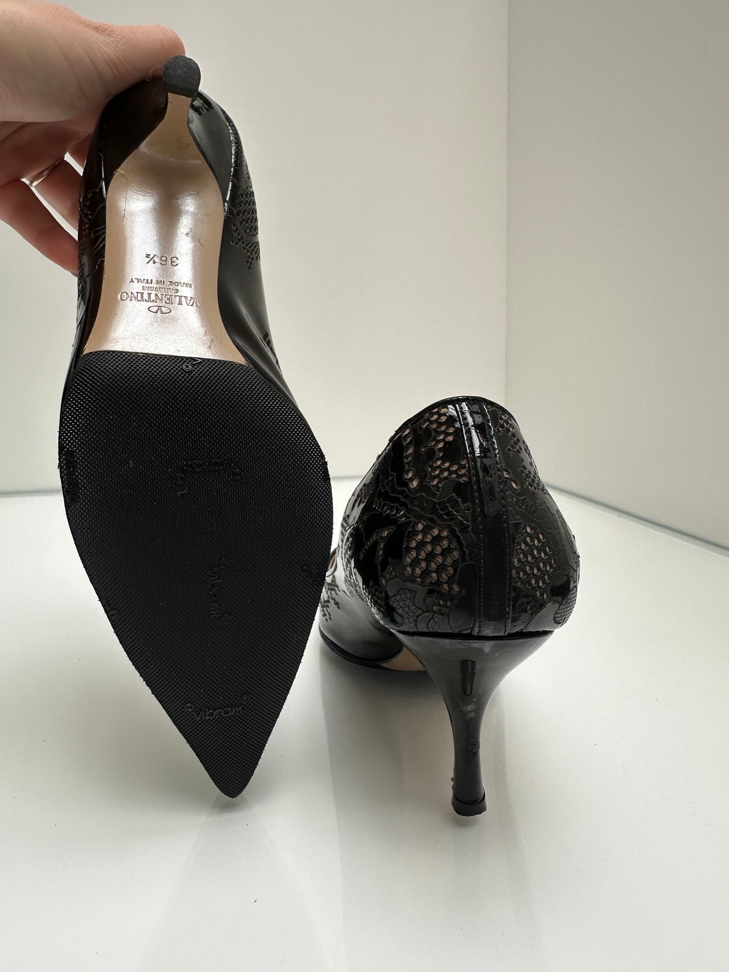 Valentino Black Patent Leather Lace Heels, 36.5