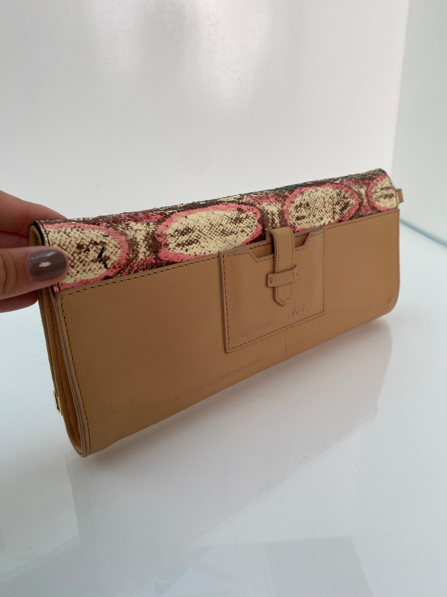 Fendi Tan, Green, & Pink Exotic Long Clutch (As Is)
