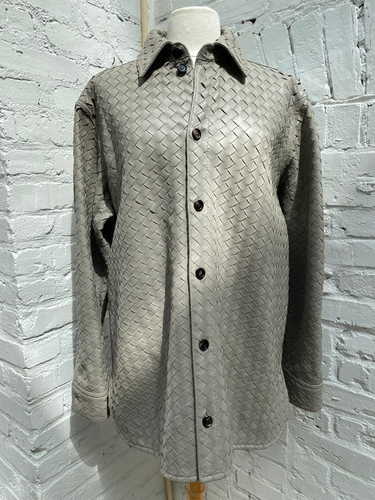 Bottega Veneta Grey Leather Woven Jacket, 48