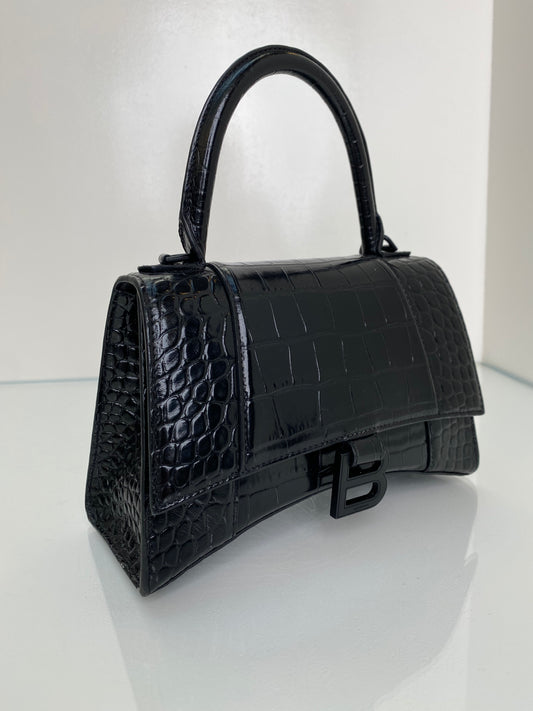 Balenciaga Black Croc Embossed Hourglass Bag BHW