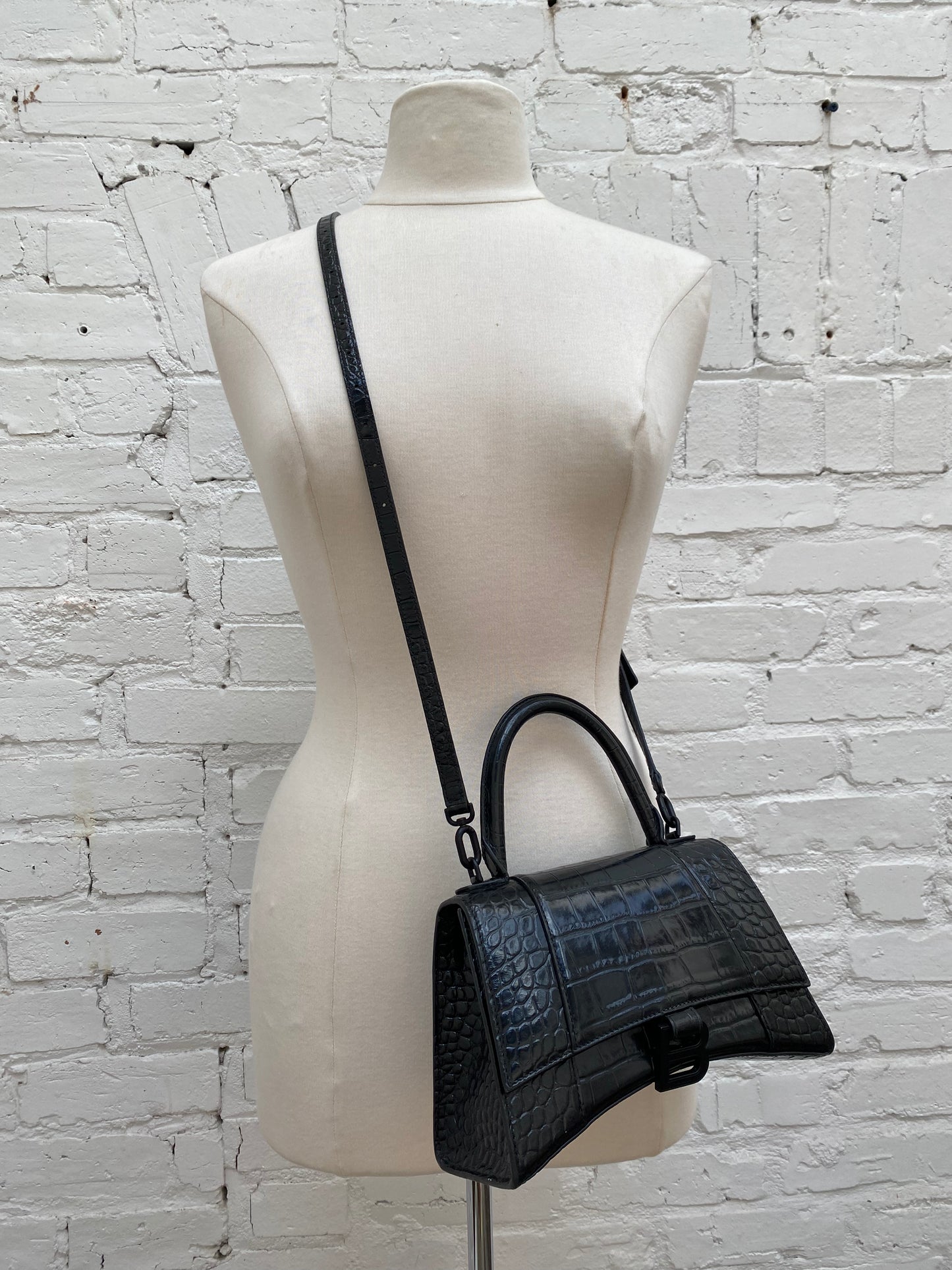 Balenciaga Black Croc Embossed Hourglass Bag BHW