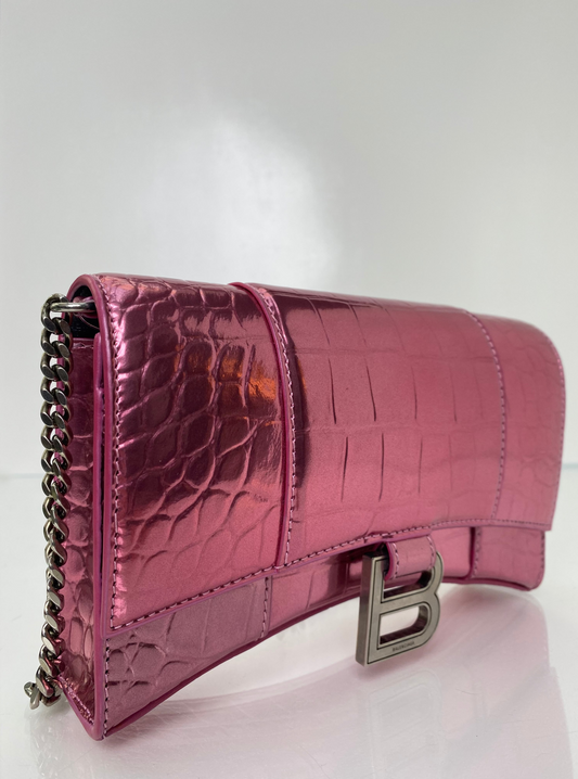 Balenciaga Hourglass Pink Croc Embossed Crossbody