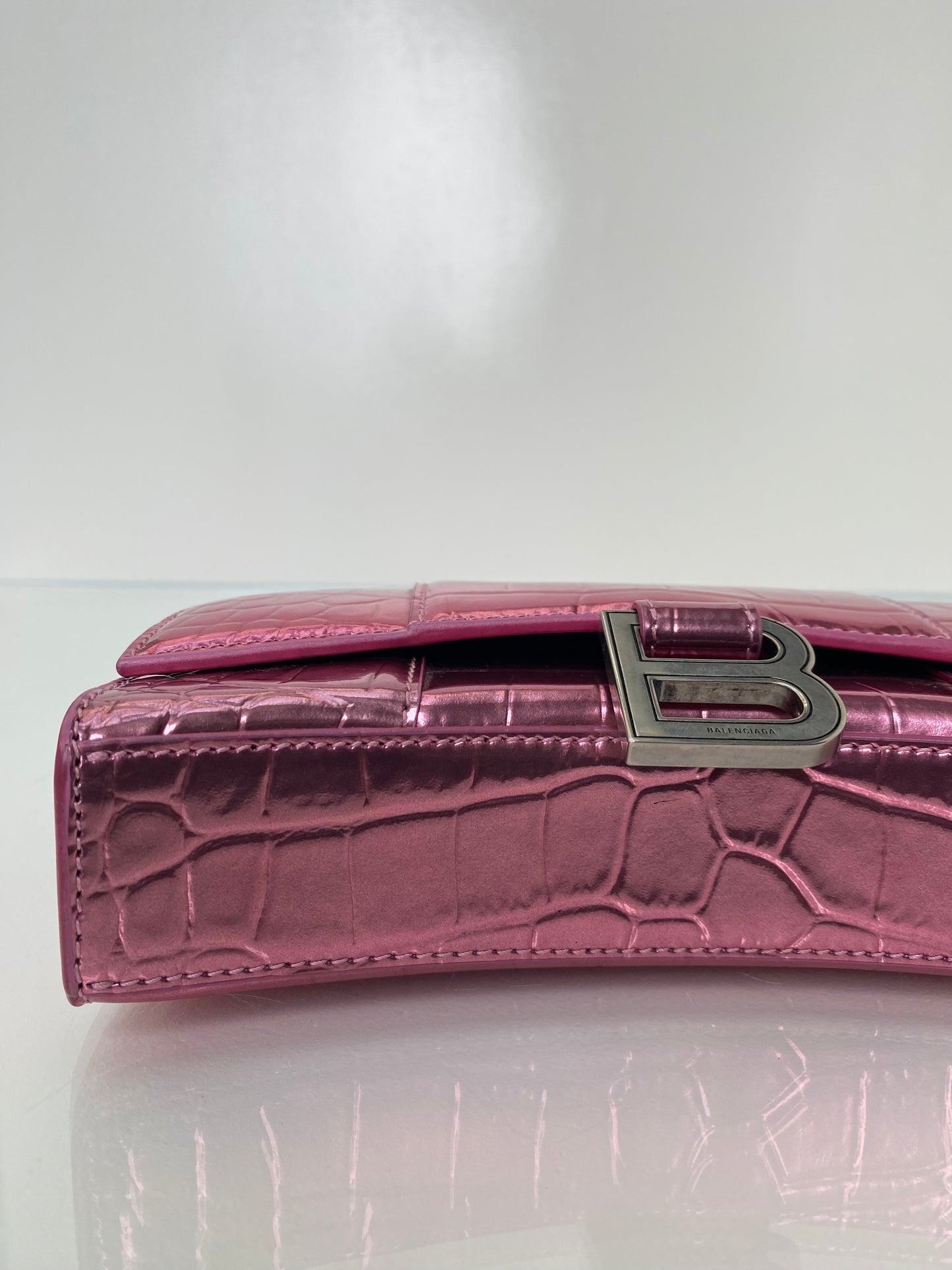 Balenciaga Hourglass Pink Croc Embossed Crossbody