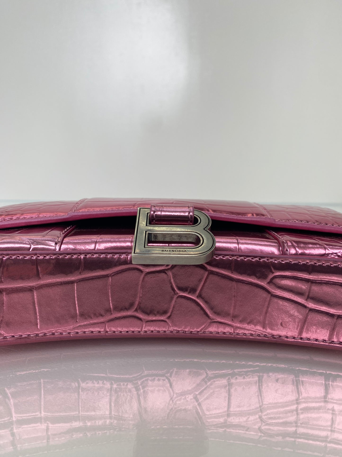 Balenciaga Hourglass Pink Croc Embossed Crossbody