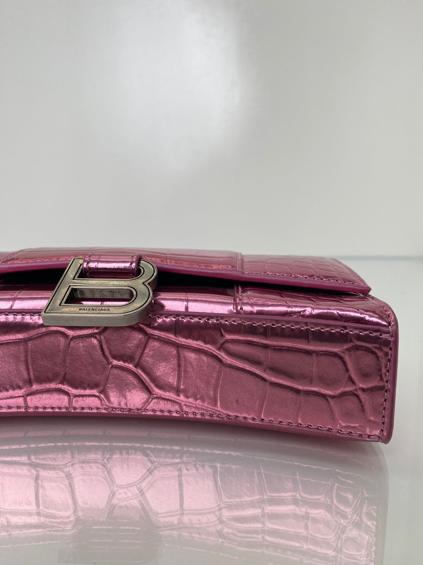 Balenciaga Hourglass Pink Croc Embossed Crossbody
