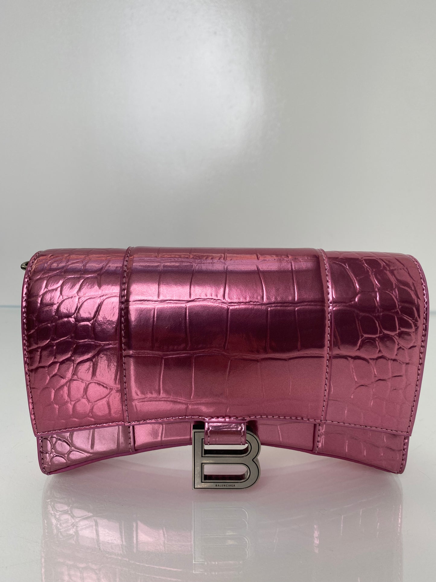 Balenciaga Hourglass Pink Croc Embossed Crossbody
