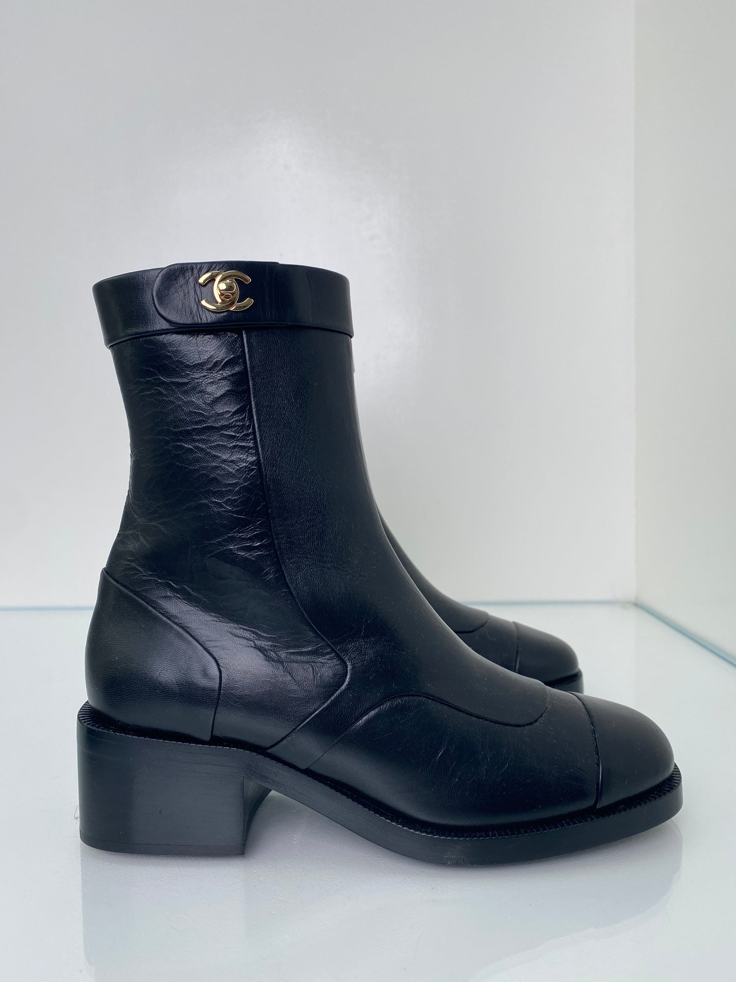Chanel Black Interlocking CC Moto Boots, 39