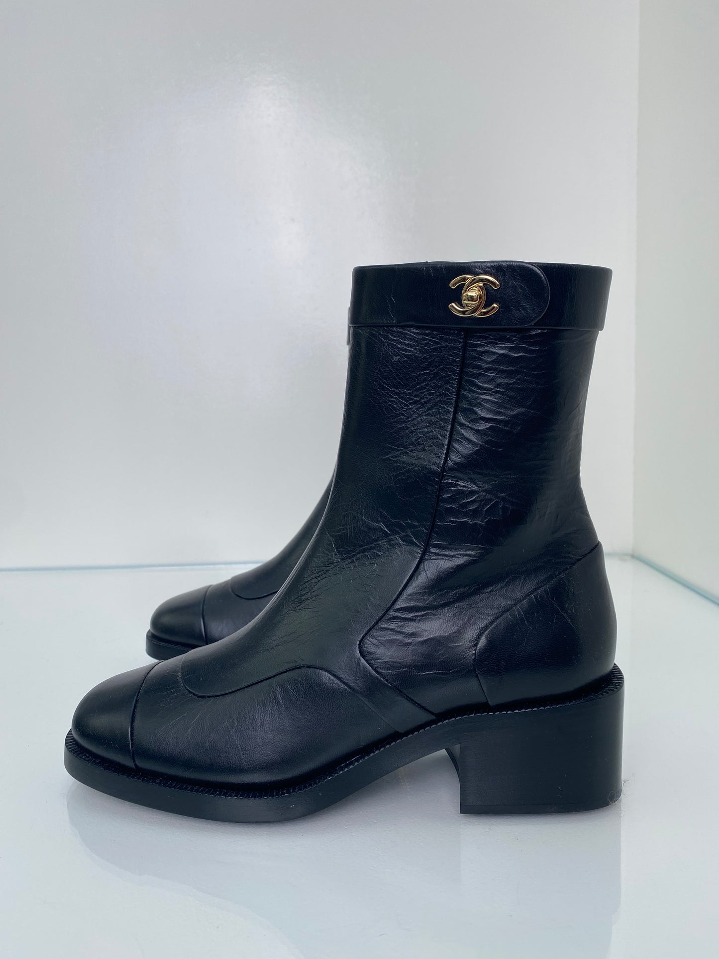 Chanel Black Interlocking CC Moto Boots, 39