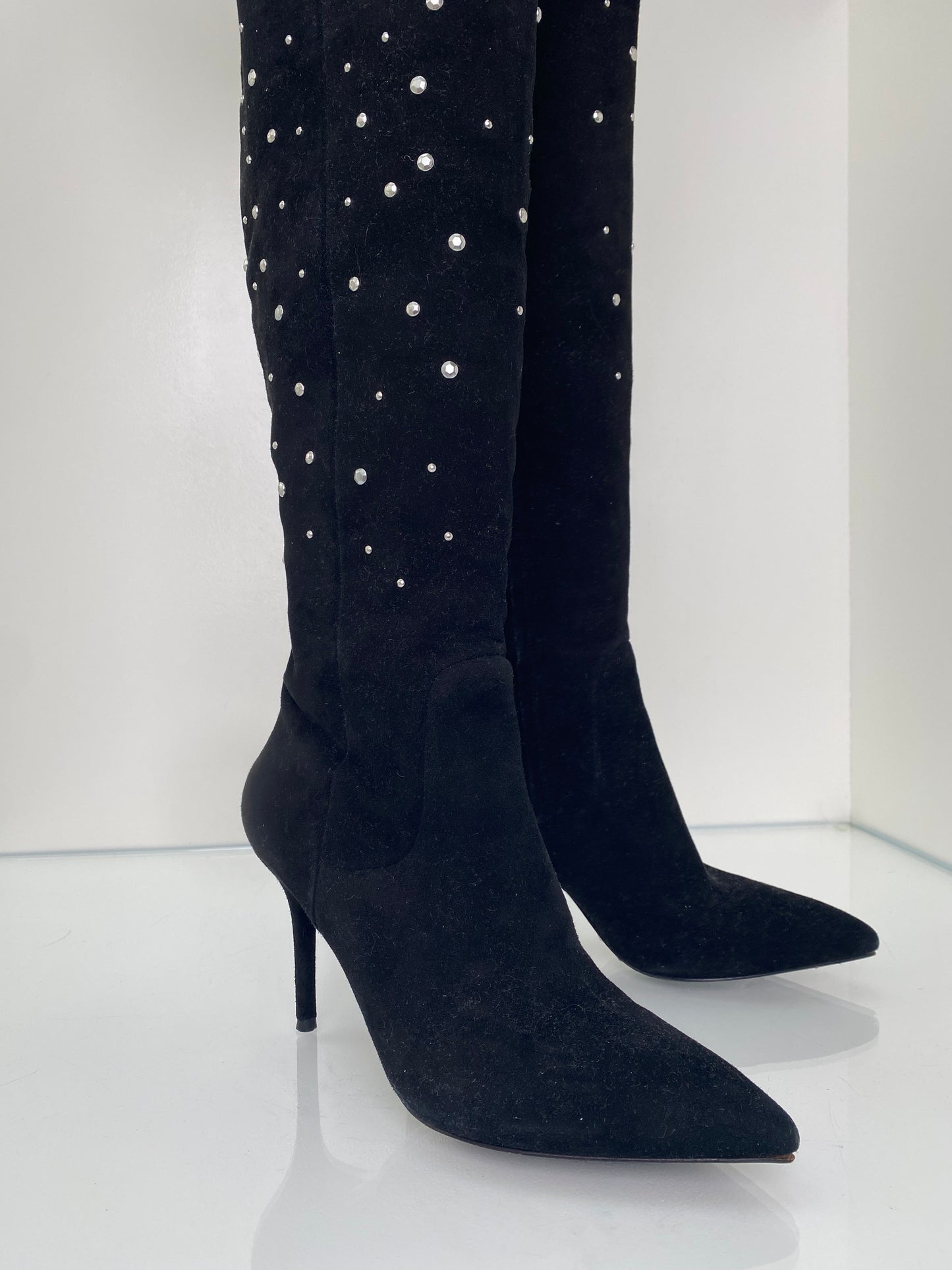 Brian Atwood Black Studded Suede Boots, 38.5